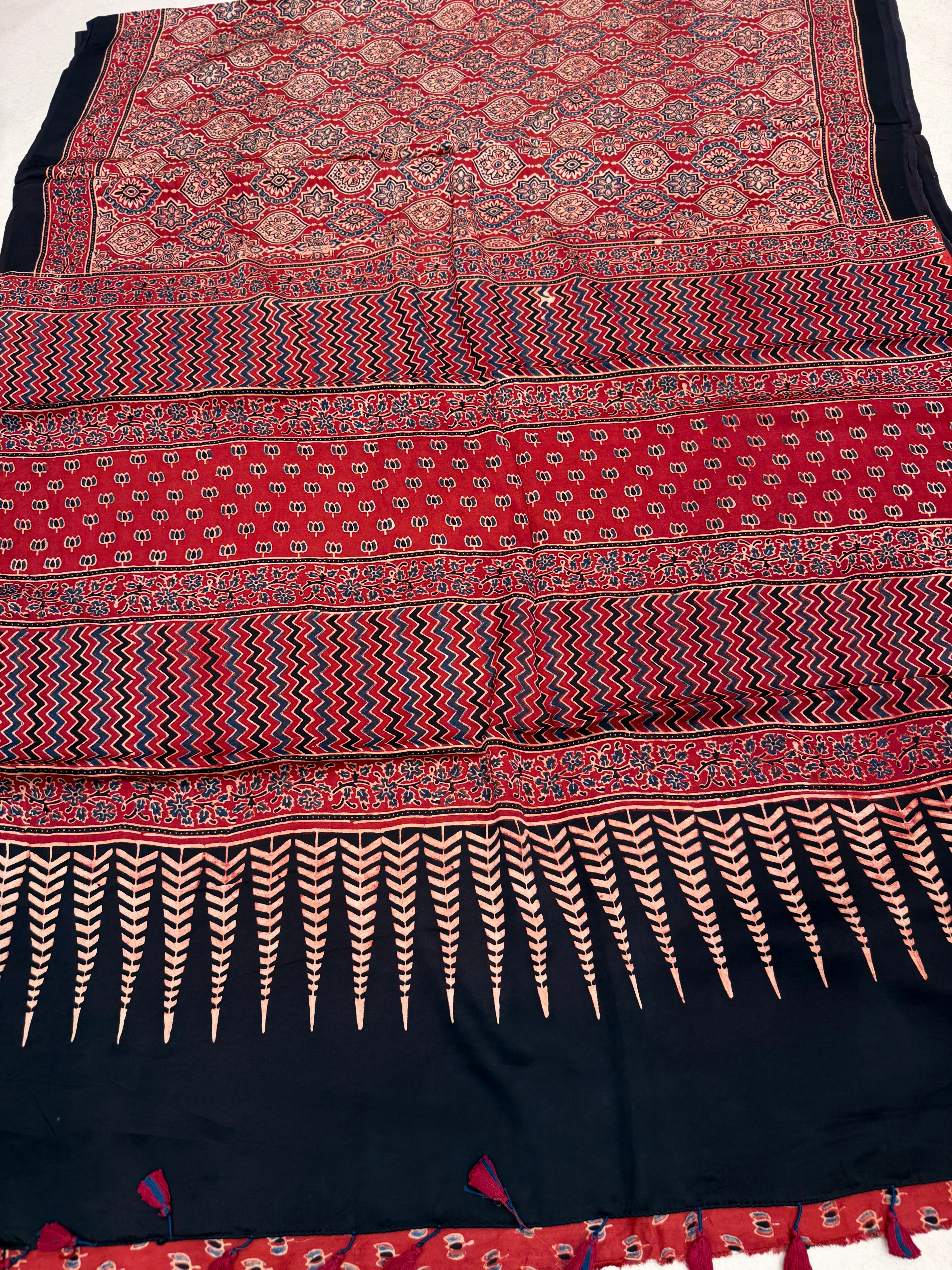 Red Badam Jaal Ajrakh Block Print Hand Pure Gajji Silk Saree