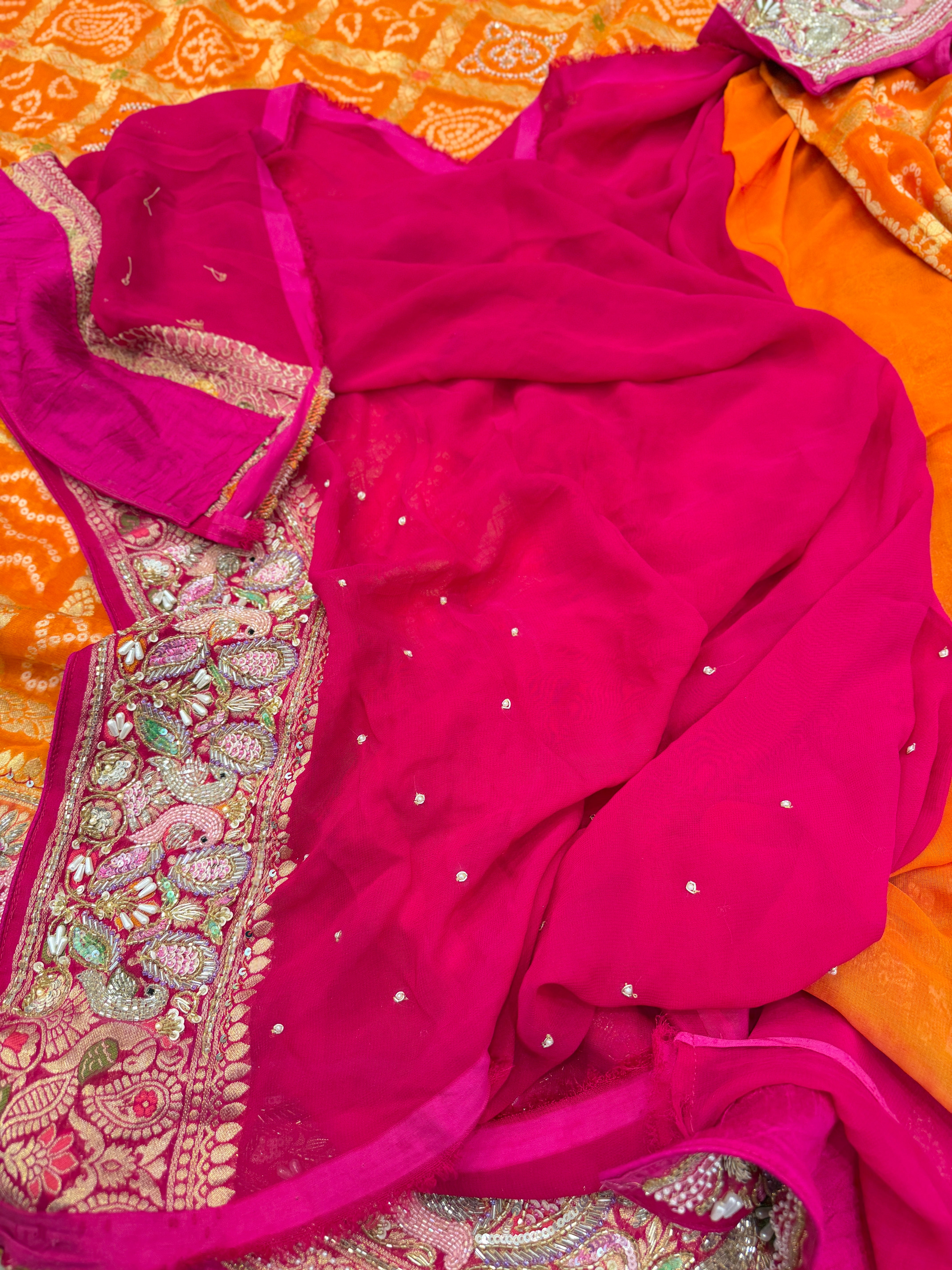 Orange Rani Gharchola Moti Sequin Zardosi Hand Embroidery Georgette Saree