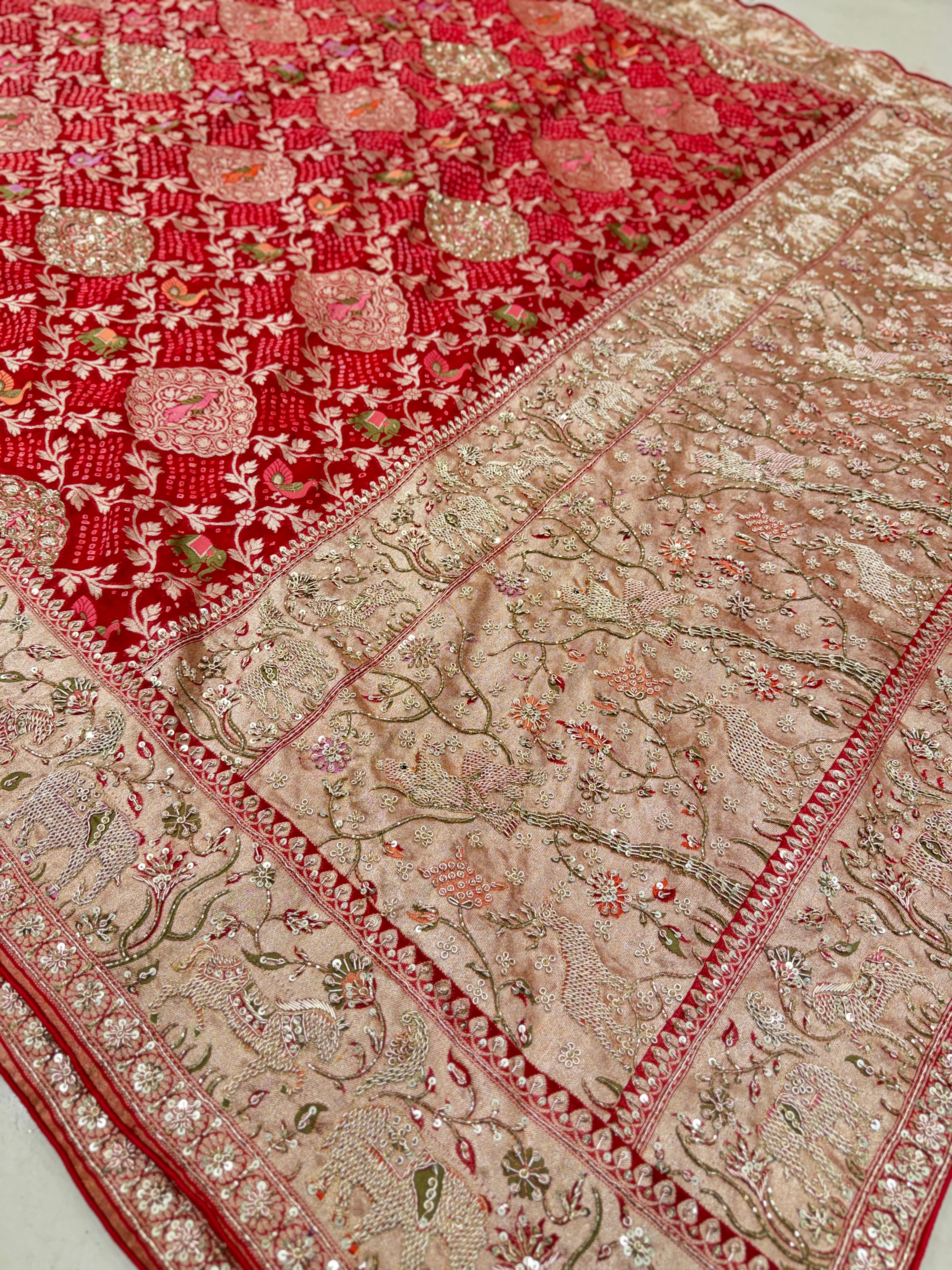 Red Meenakari Rai Bandhej Saree Elephant Motif Zardosi Hand Embroidery