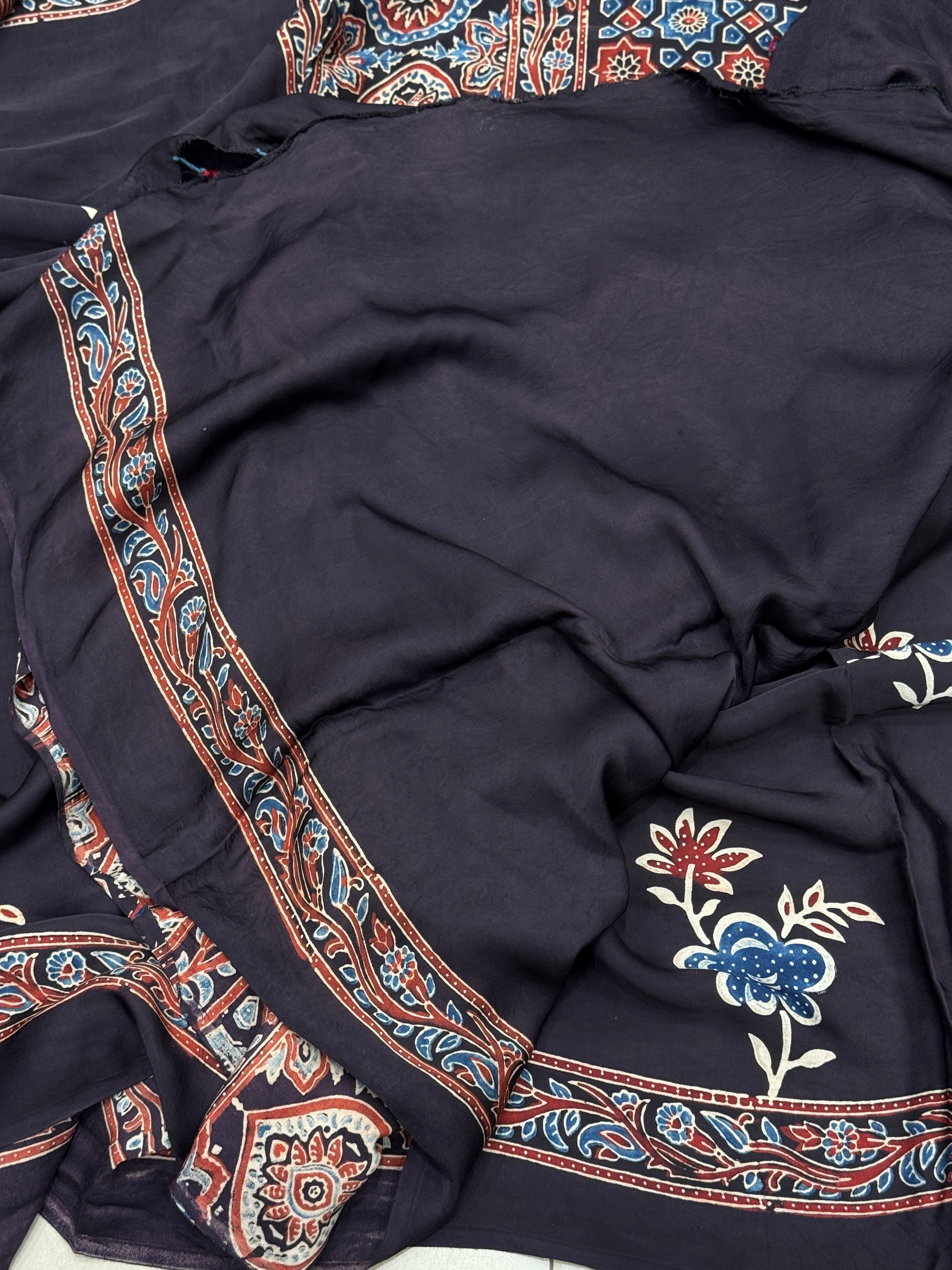 Black Big Buttas Ajrakh Modal Gajji Silk Saree