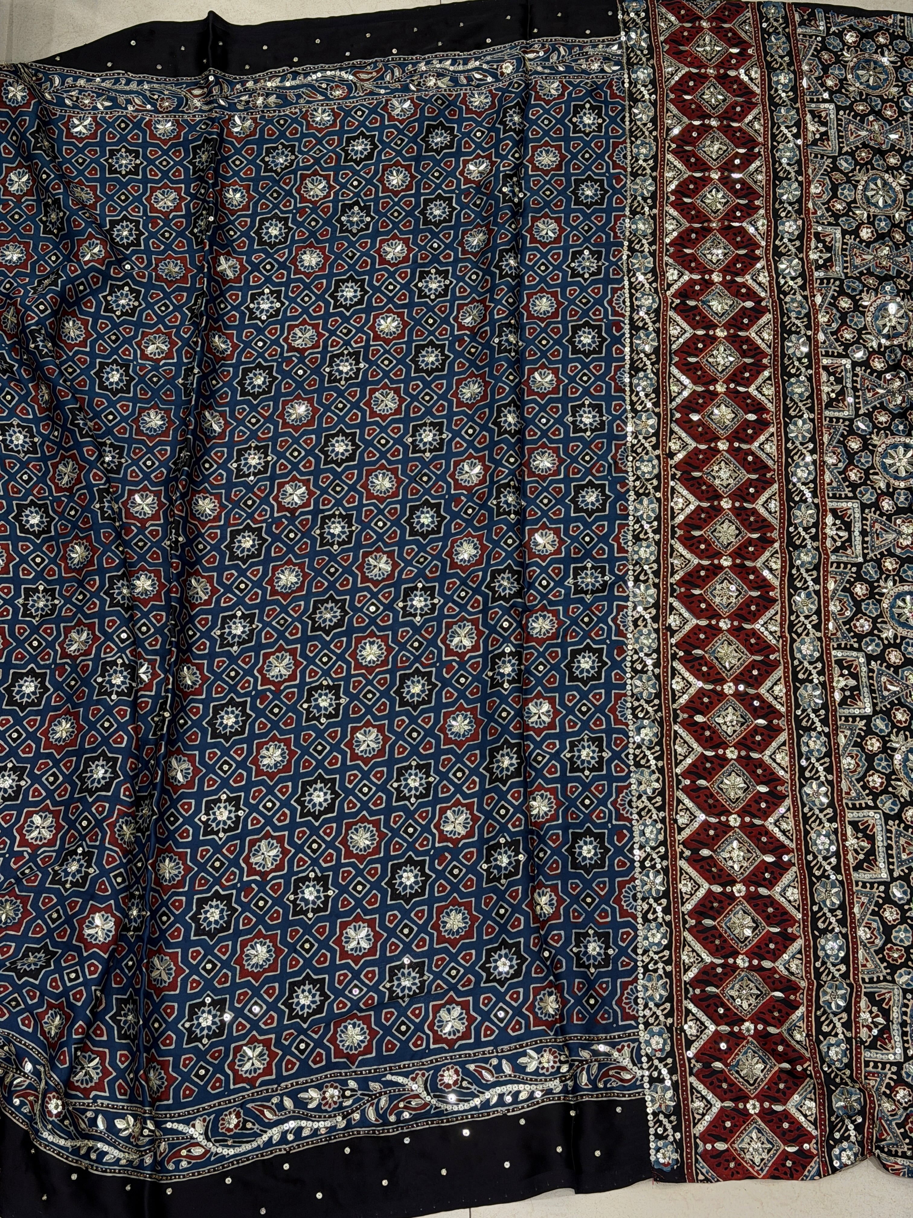 Blue Four Square Moti Sequin Ajrakh Hand Embroidery Saree