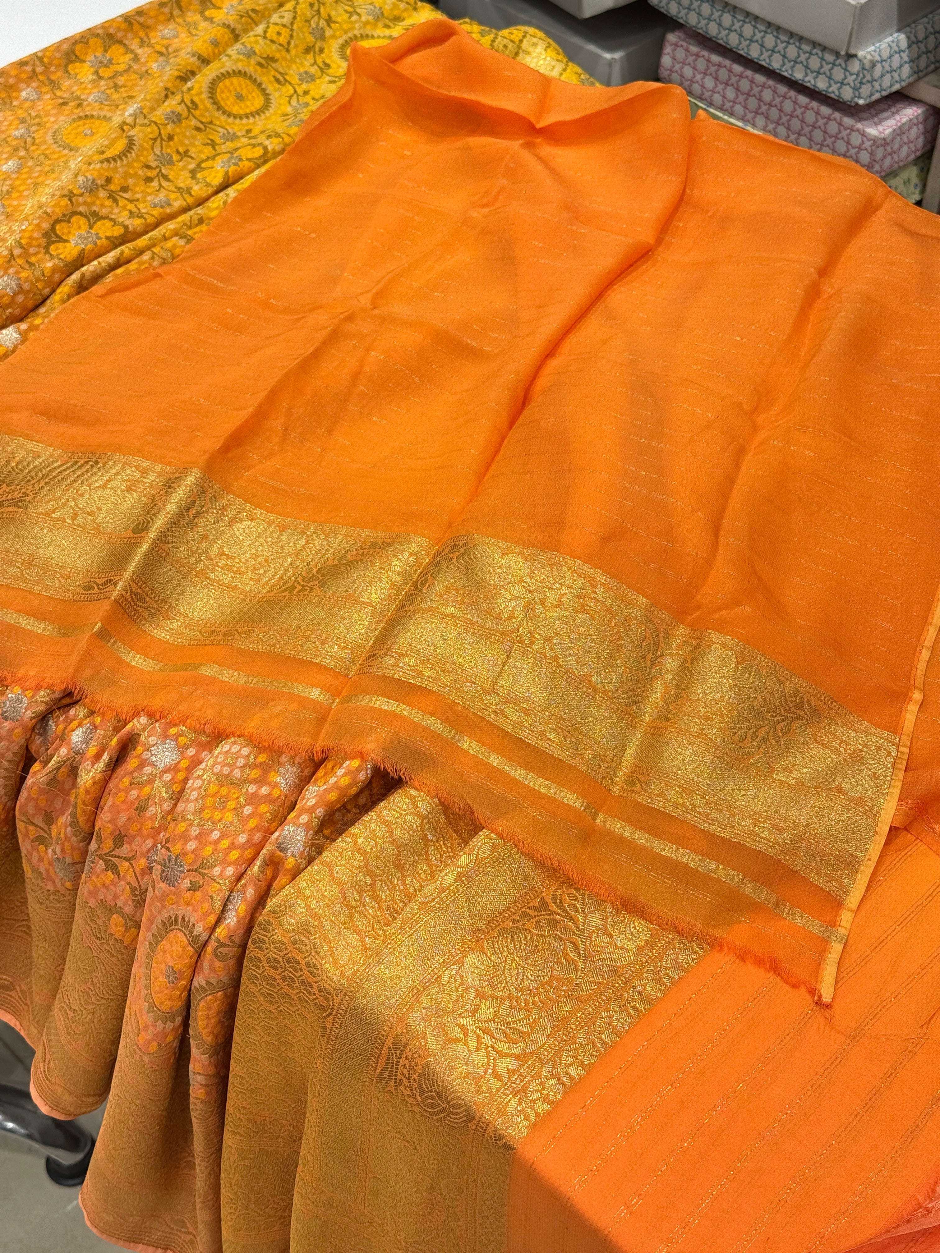 Orange Shaded Woven Bandhej Georgette Banarasi Saree