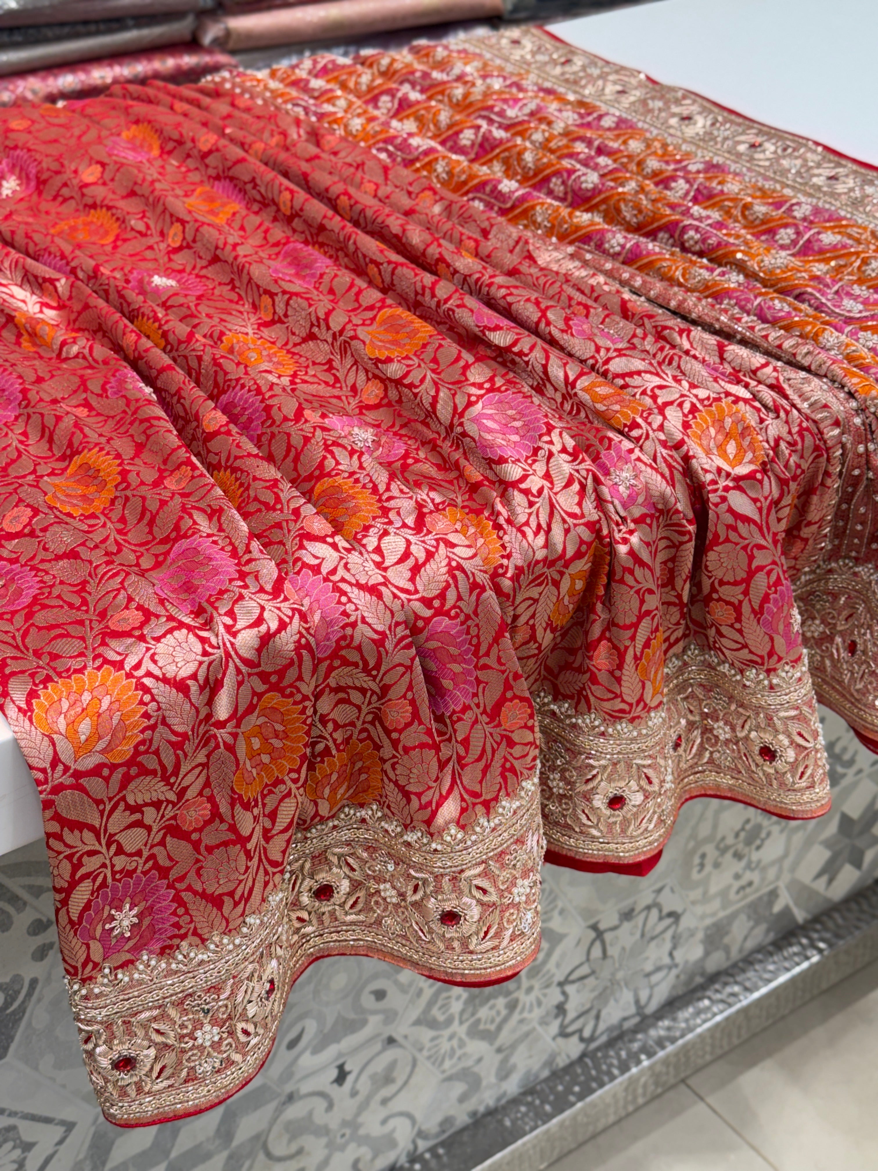 Meenakari Banarasi Katan Zardodi Hand Embroidery Crystal Saree