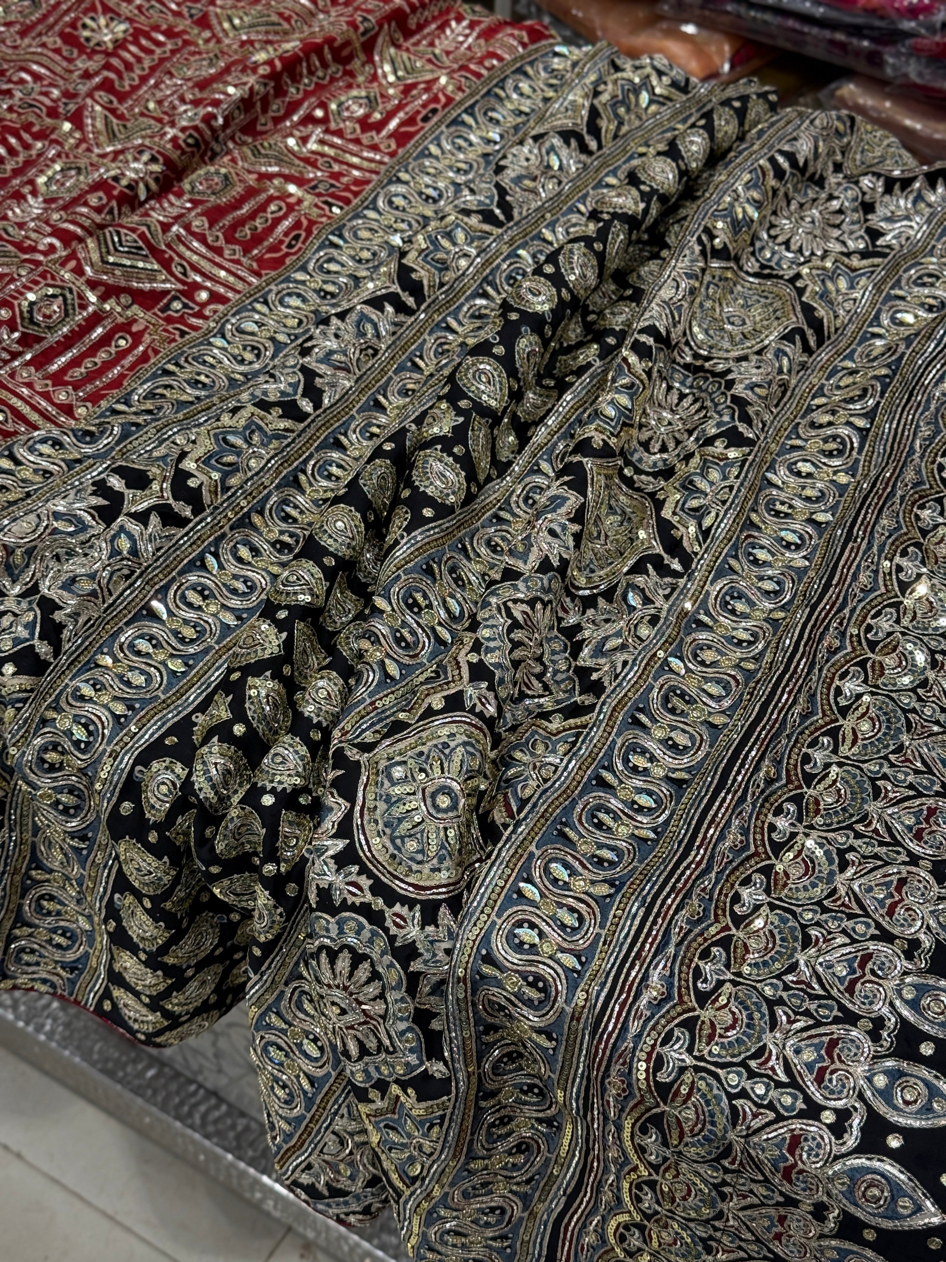 Red Contemporary Pita Zardosi Sequin Ajrakh Hand Embroidery Saree