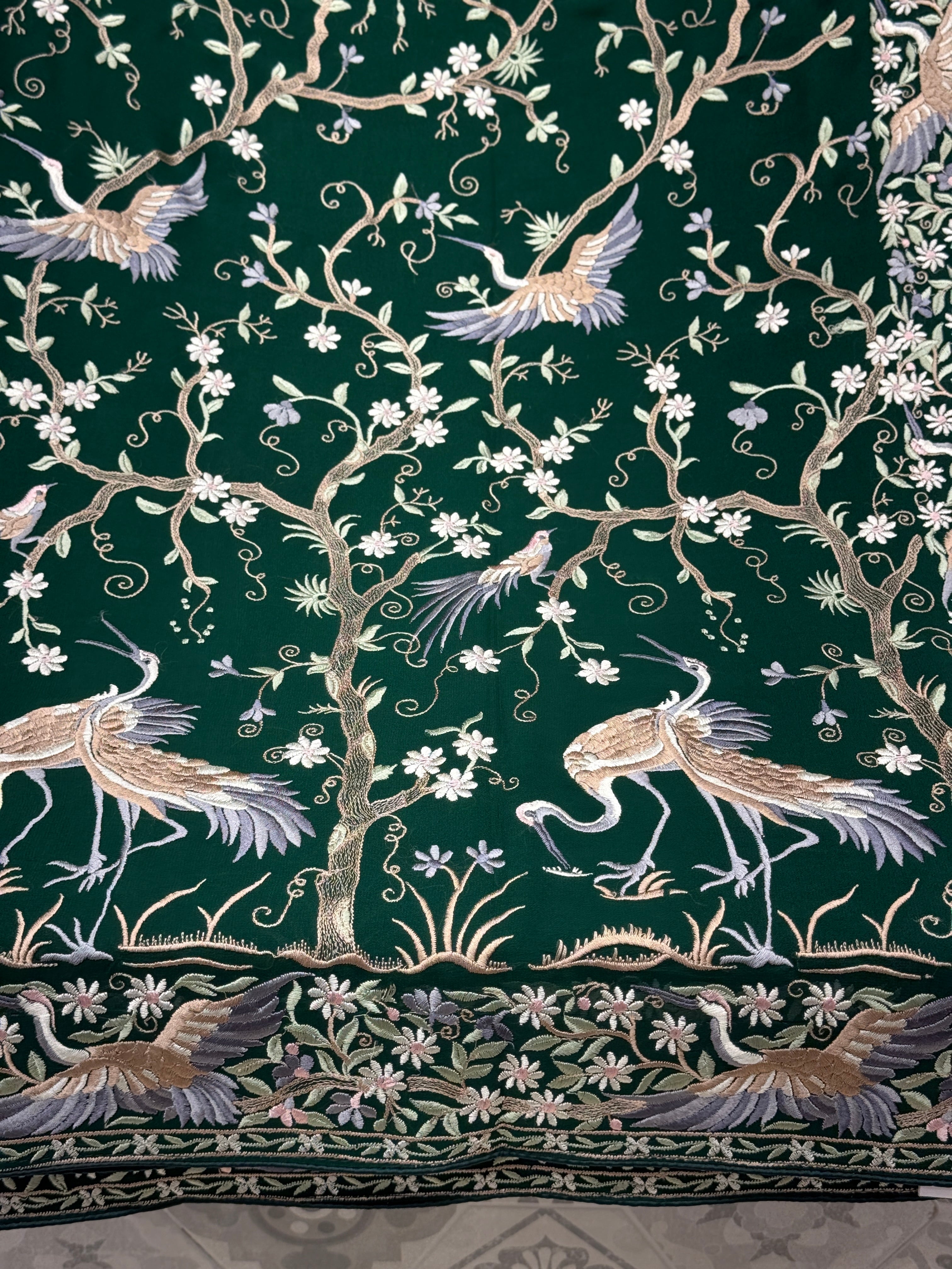 Bottle Green Tree Of Life Flamingo Parsi Gara Saree