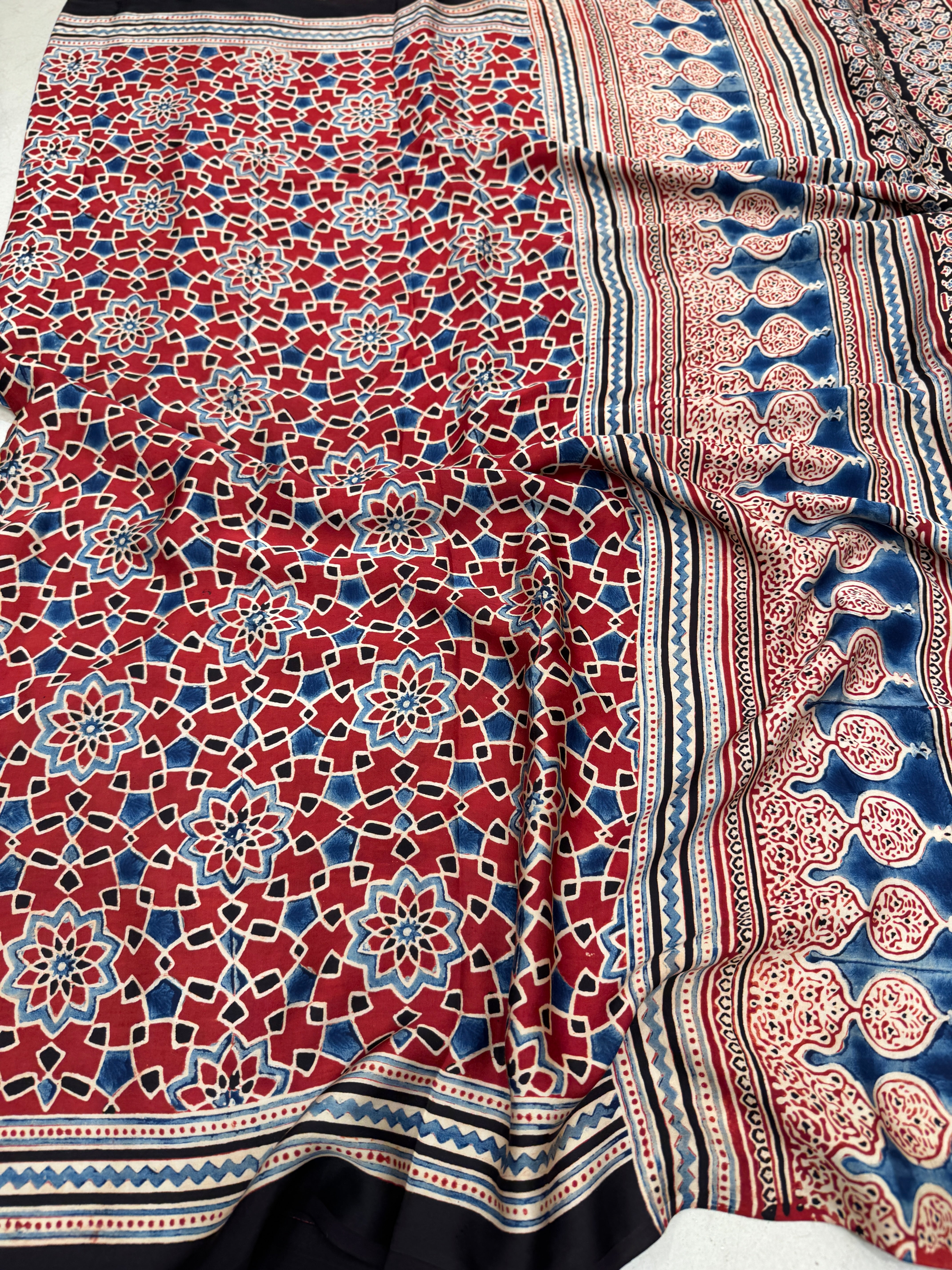 Red Contemporary Jaal Ajrakh Gajji Silk Hand Block Print Saree