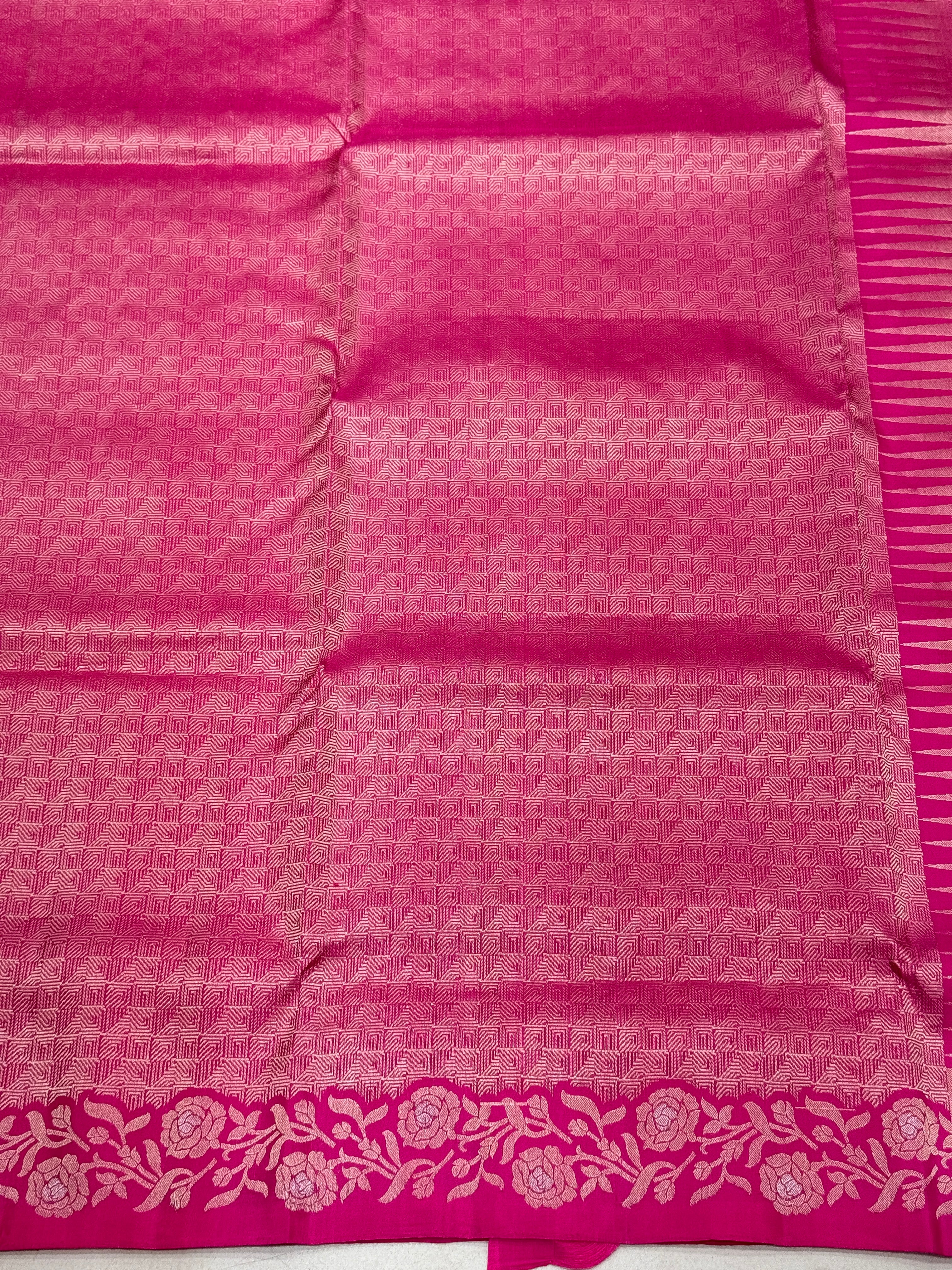 Rani Pink Rose Border Brocade Handloom Kanchipuram Pure Silk Saree