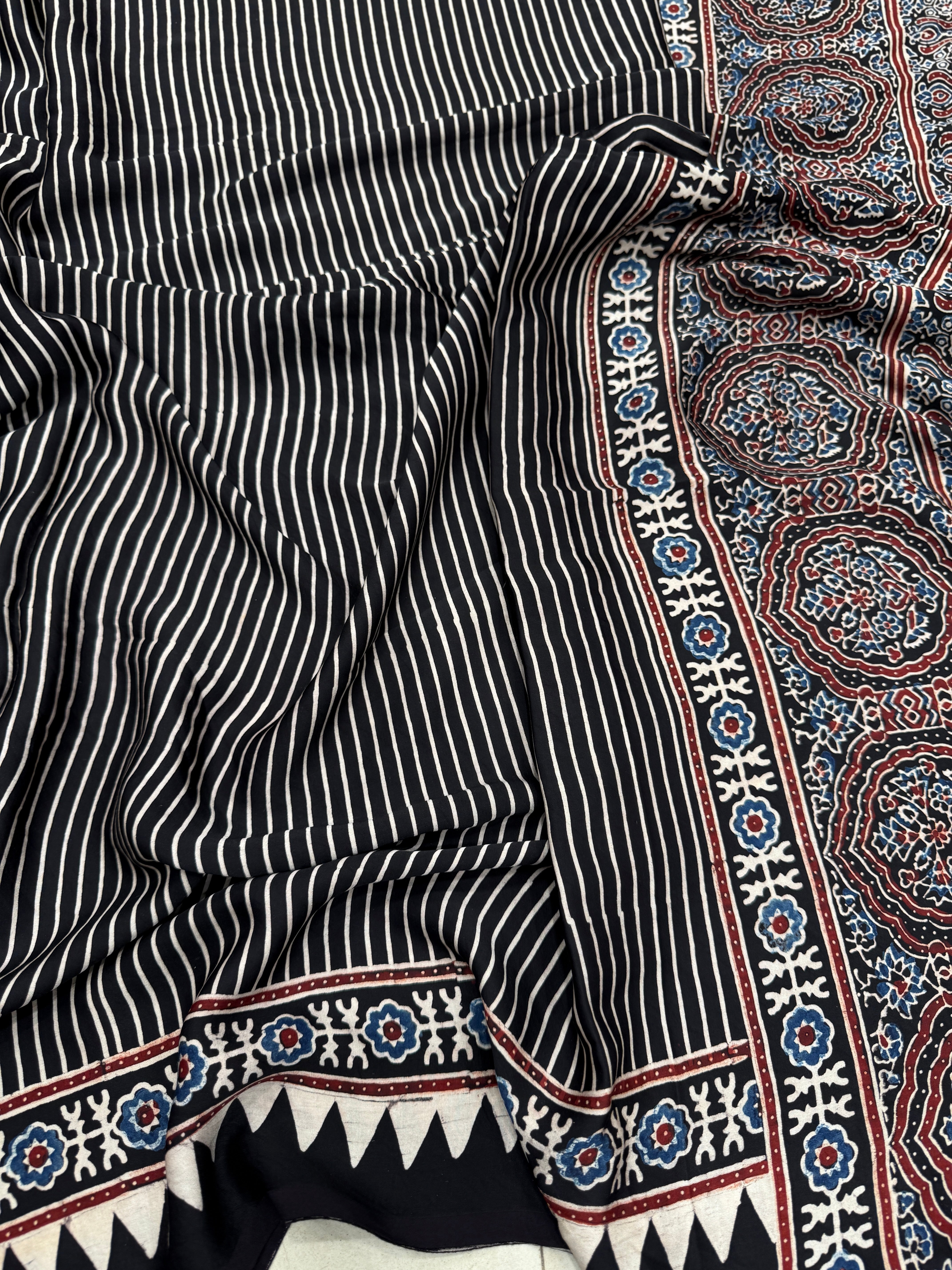 Black Contemporary Box Pallu Ajrakh Block Print Hand Pure Gajji Silk Saree