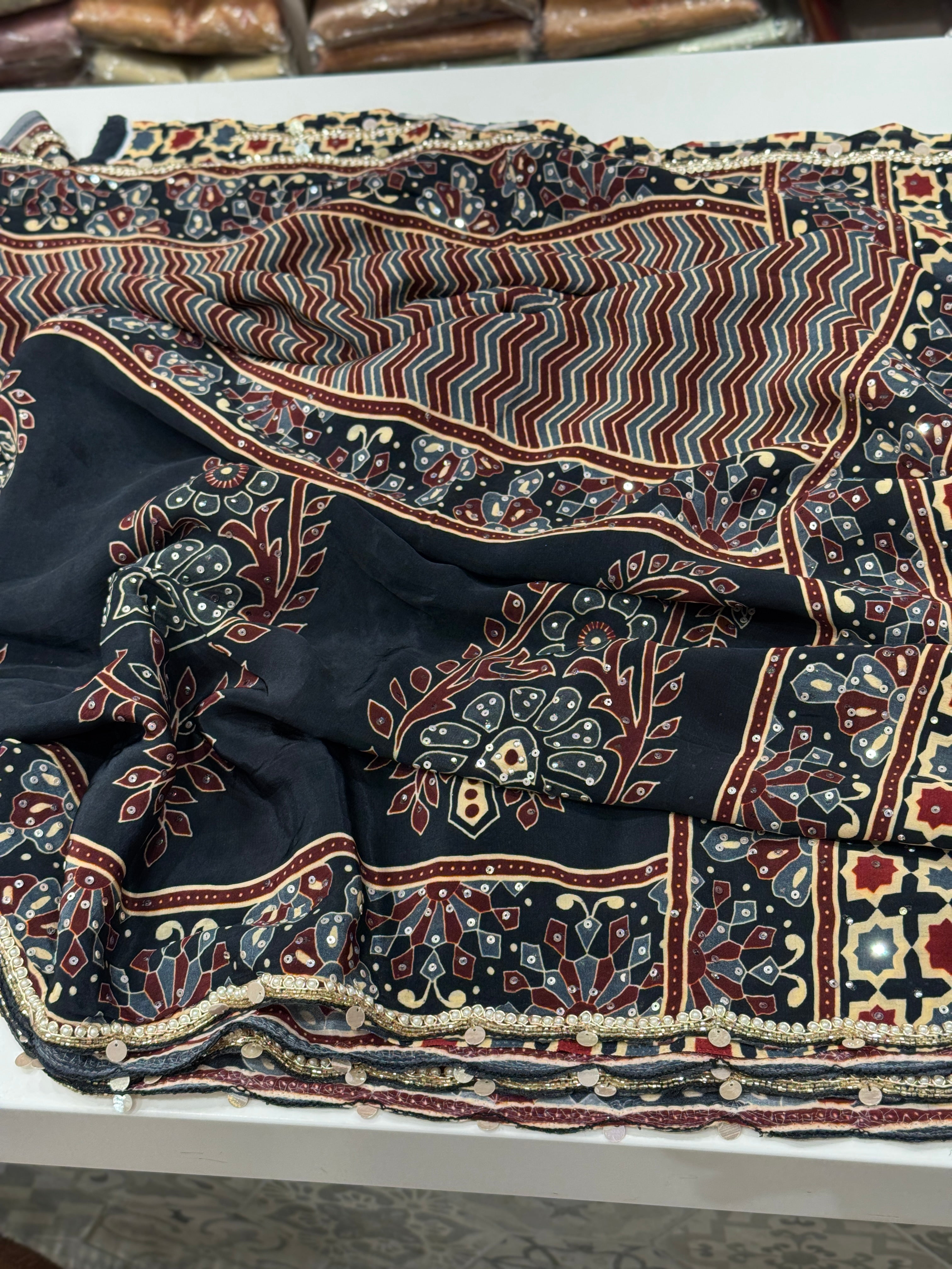 Ajrakh Satin Digital Print Hand Embroidery Saree