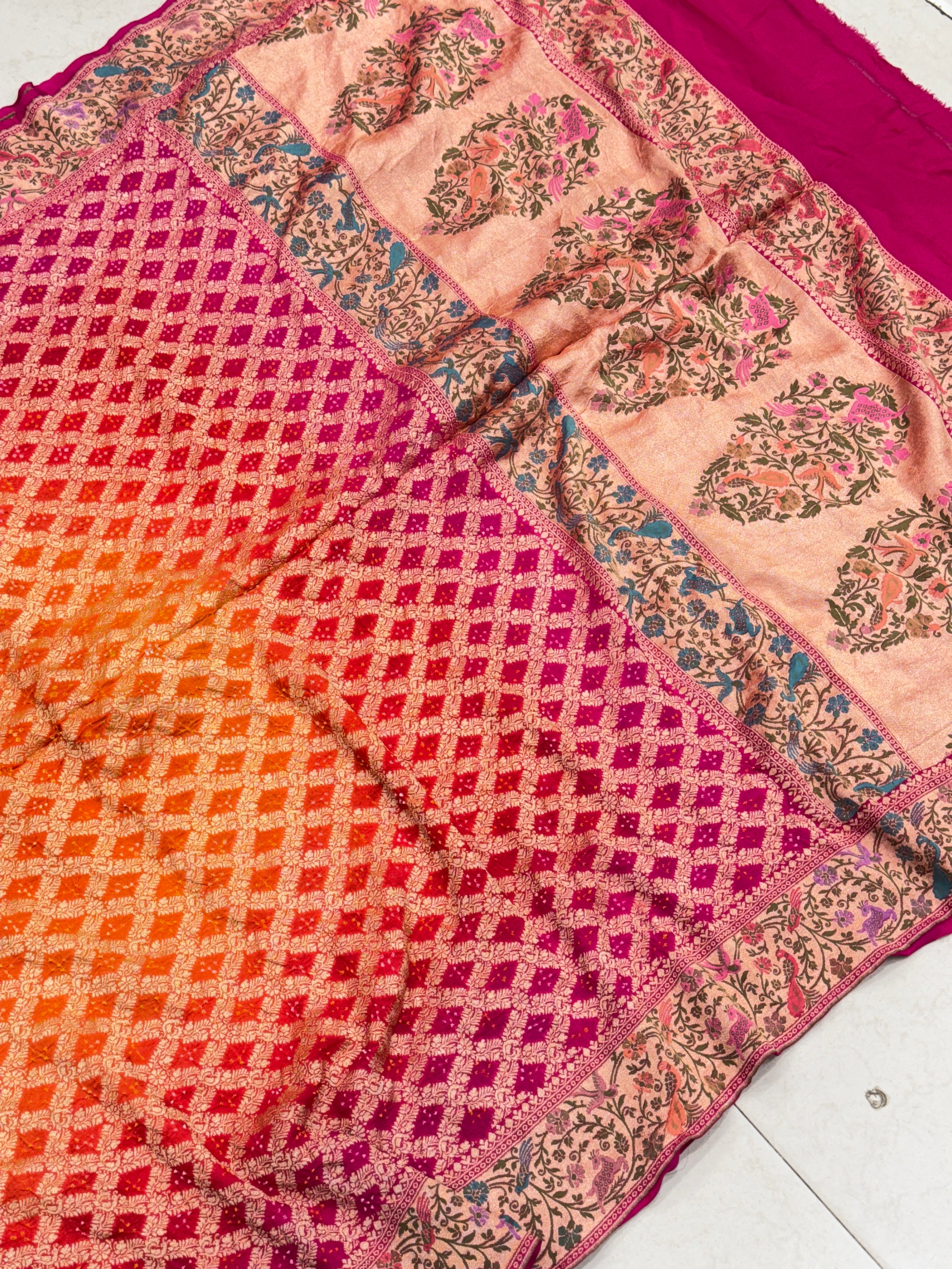Rani Orange Shaded Shikara Border Meenakari Rai Bandhej Georgette Bandhini Saree