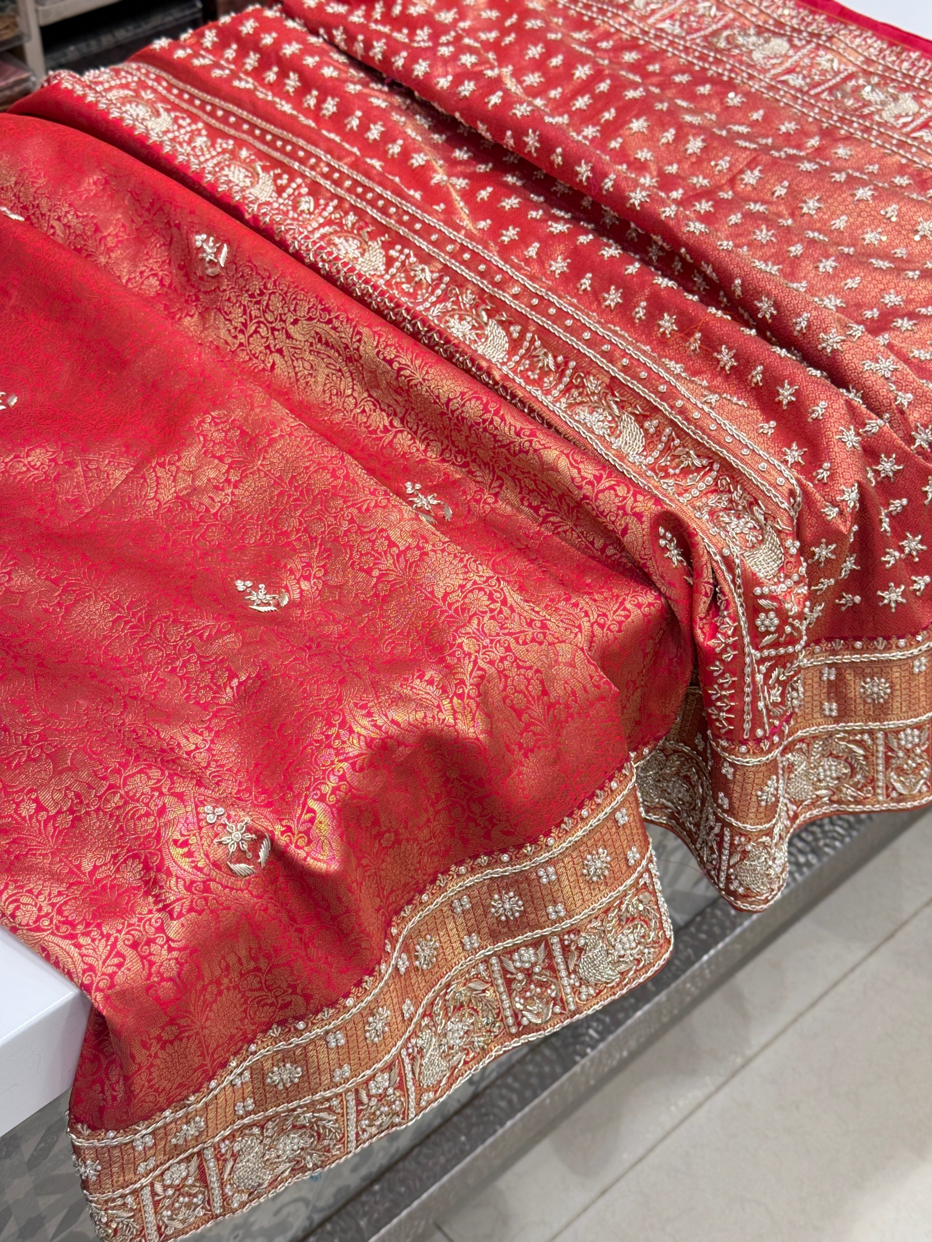 Red Kanjivaram Peacock Motif Zardozi Hand Embroidery Saree