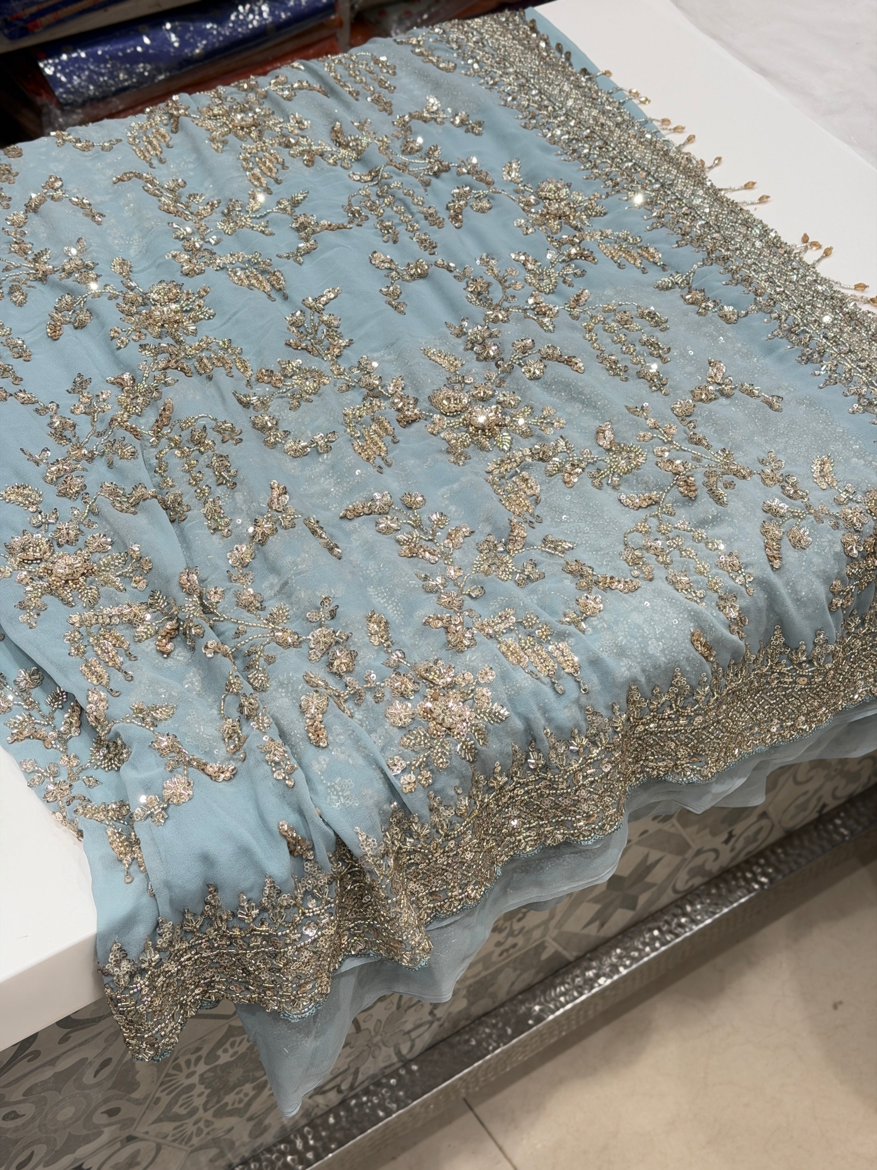 Powder Blue Manish Malhotra Inspired Georgette Moti Sequin Jaal Saree