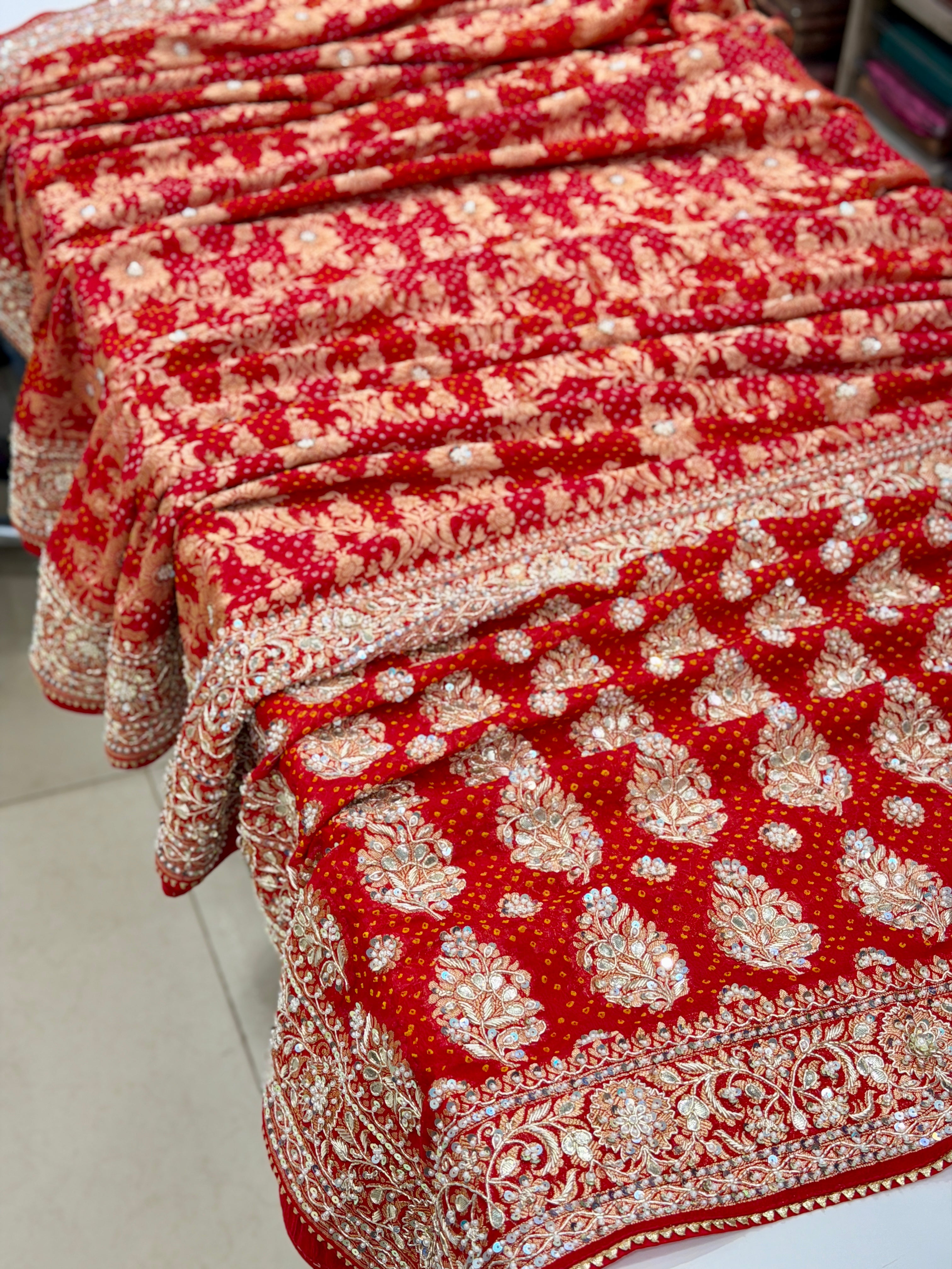 Red Bandhej Zardosi Hand Embroidery Saree