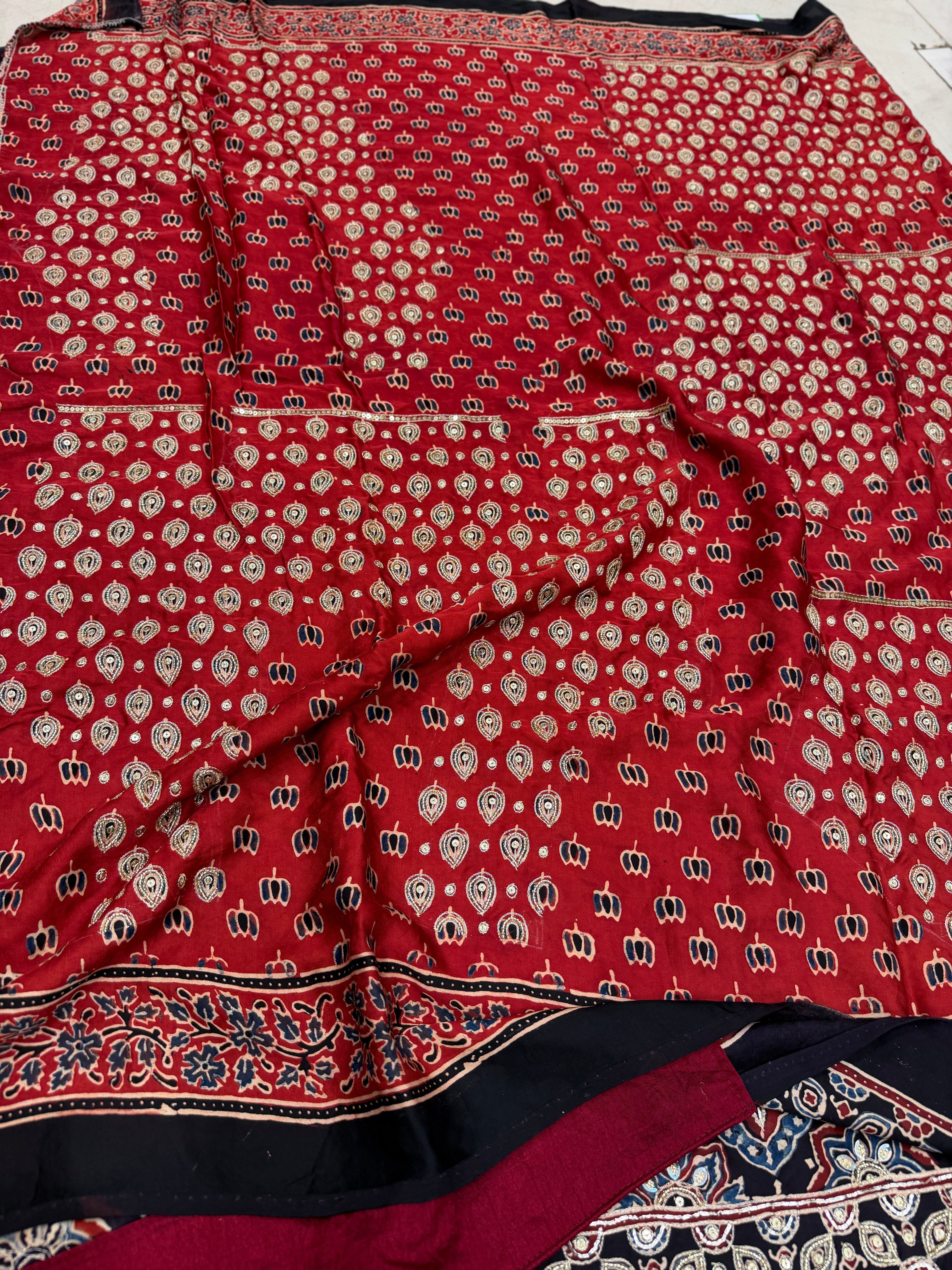 Black Red Badam Butti Zardosi Pita Sequin Ajrakh Hand Embroidery Saree