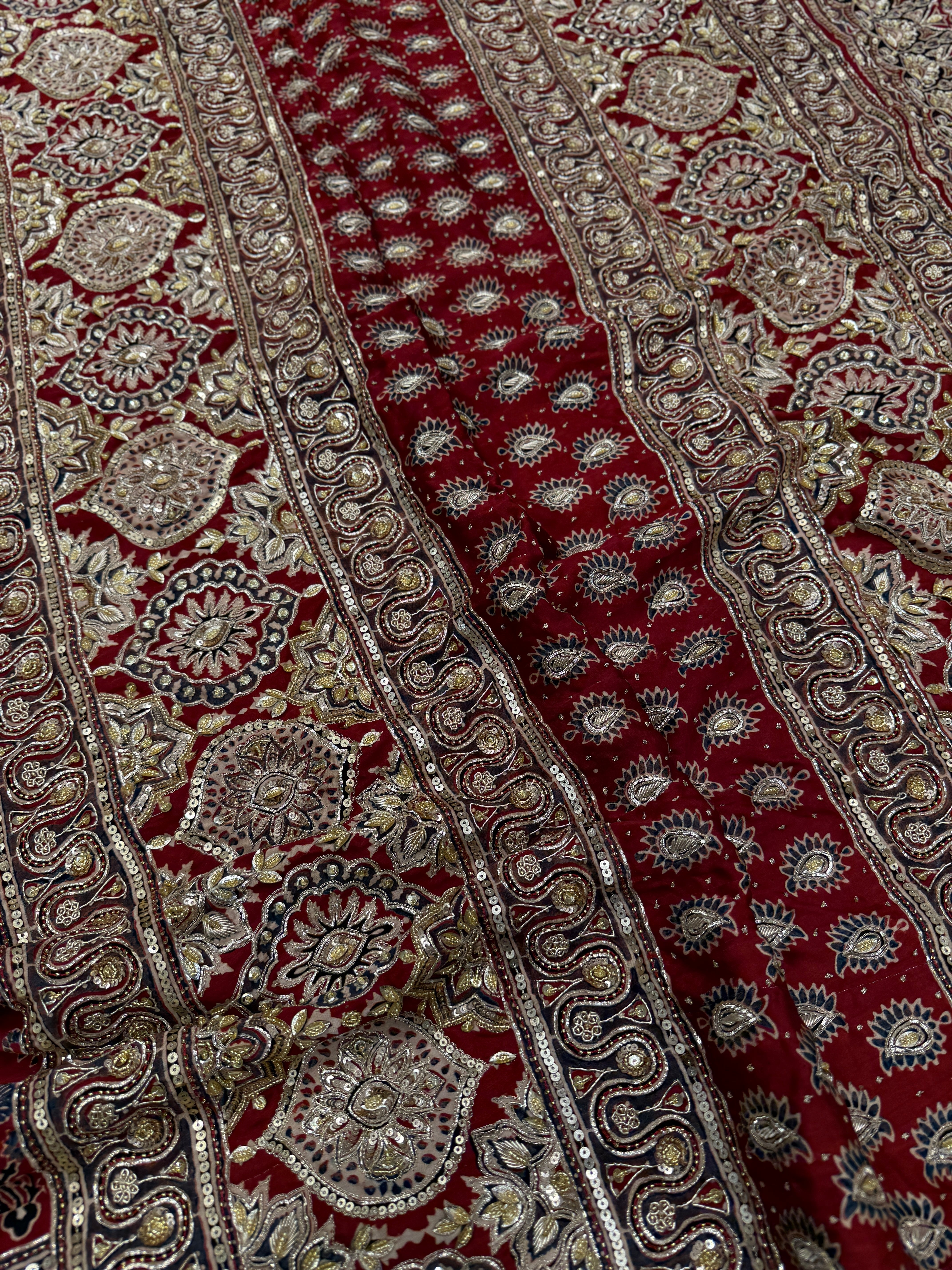 Red Buttis Pita Zardosi Sequin Ajrakh Hand Embroidery Saree