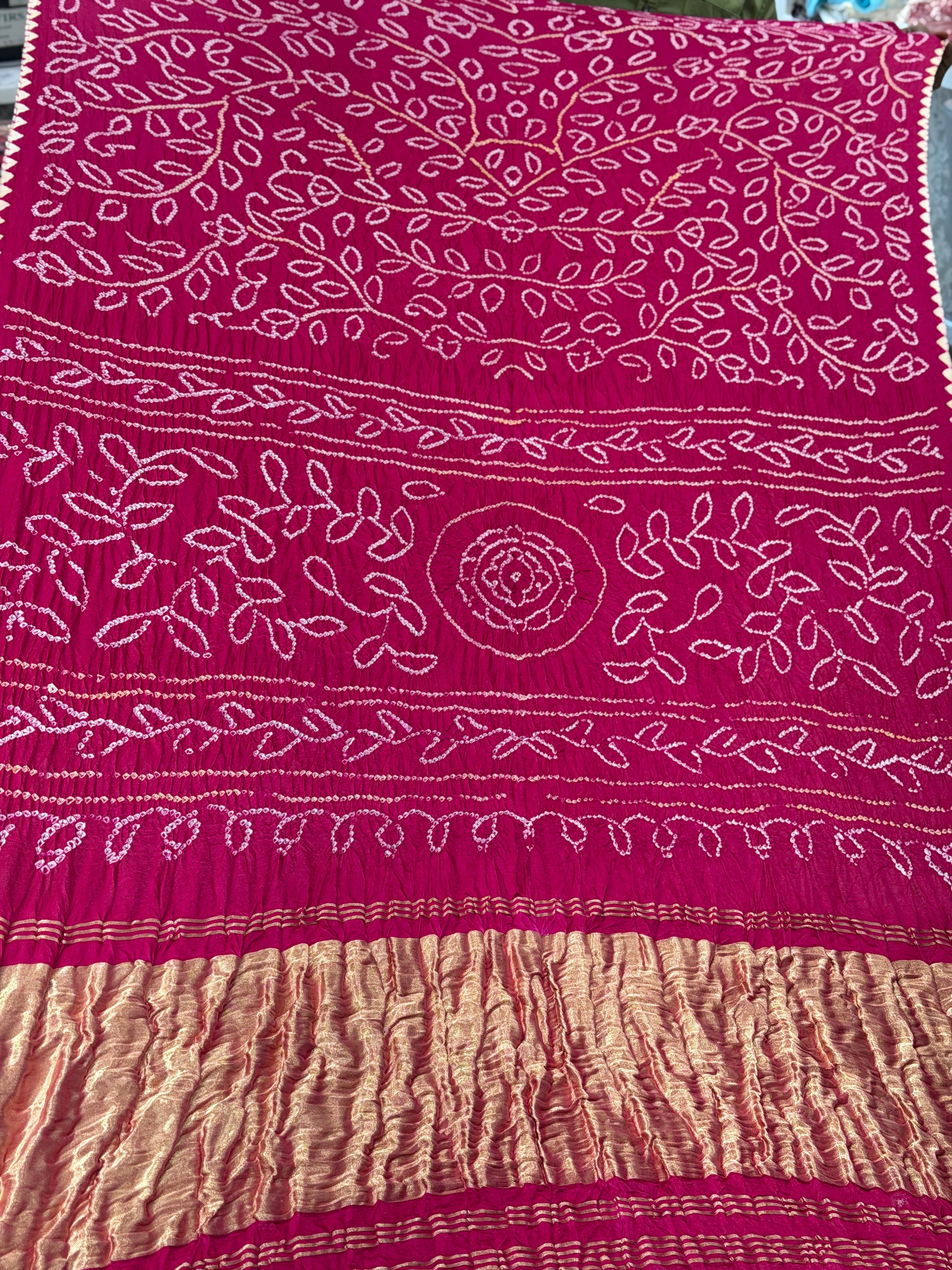Rani Pink Gajji Silk Rai Bandhej Saree Jaal