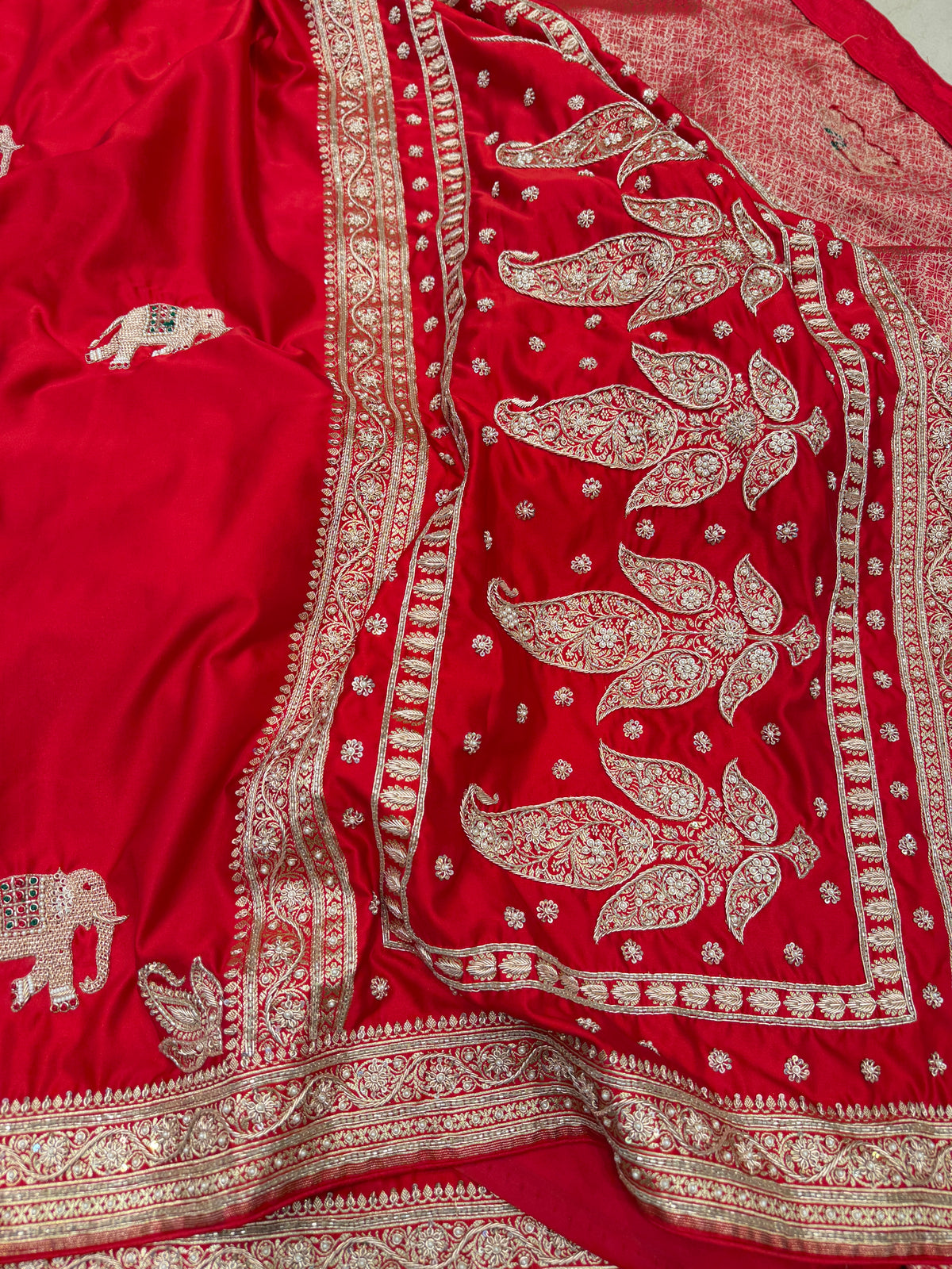 Red Banarasi Gajraj Motif Zardosi Hand Embroidery Saree