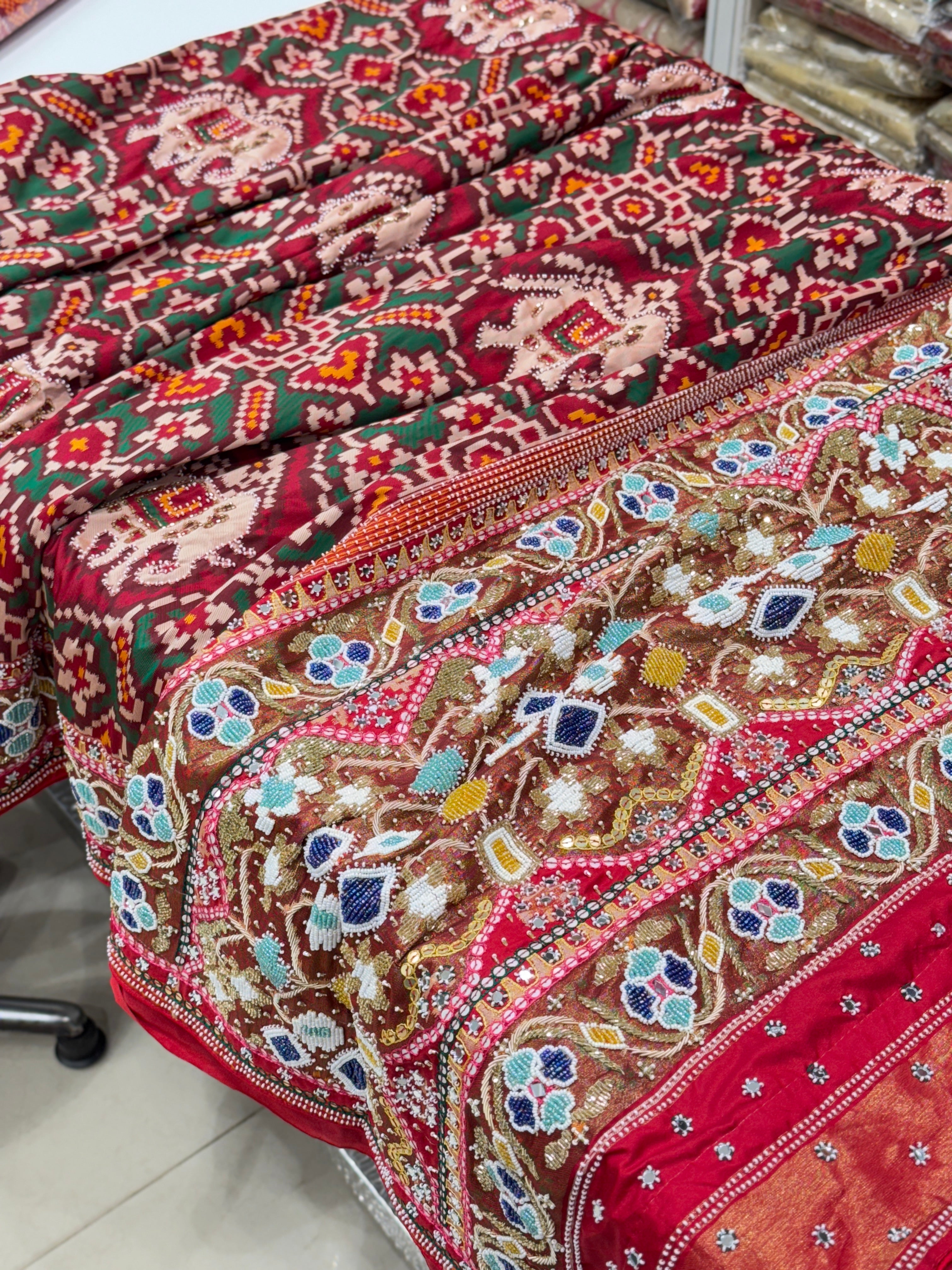 Maroon Patola Moti Zardosi Embroidery Saree
