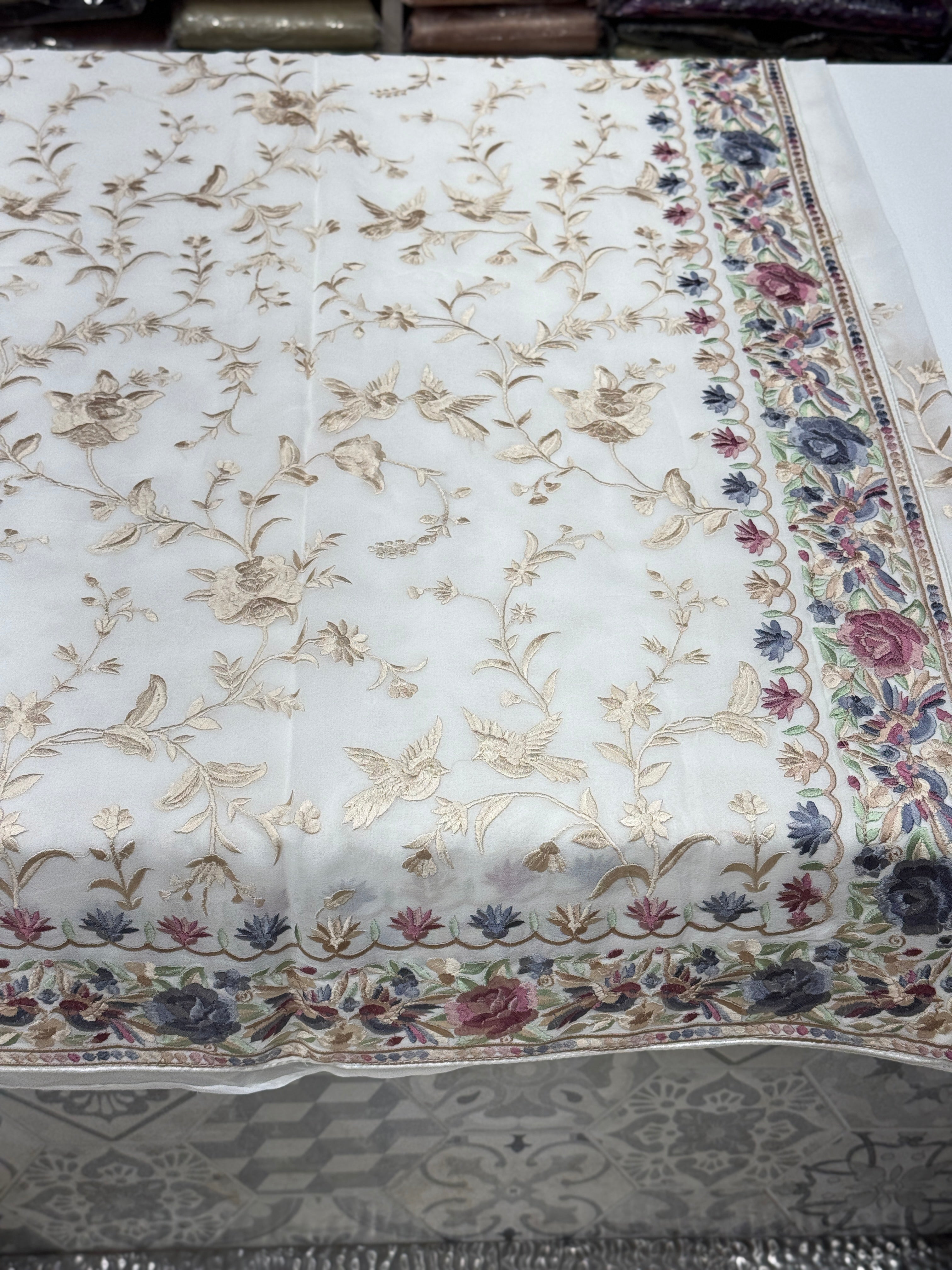 White Georgette Multi Colour Jaal Parsi Gara Saree