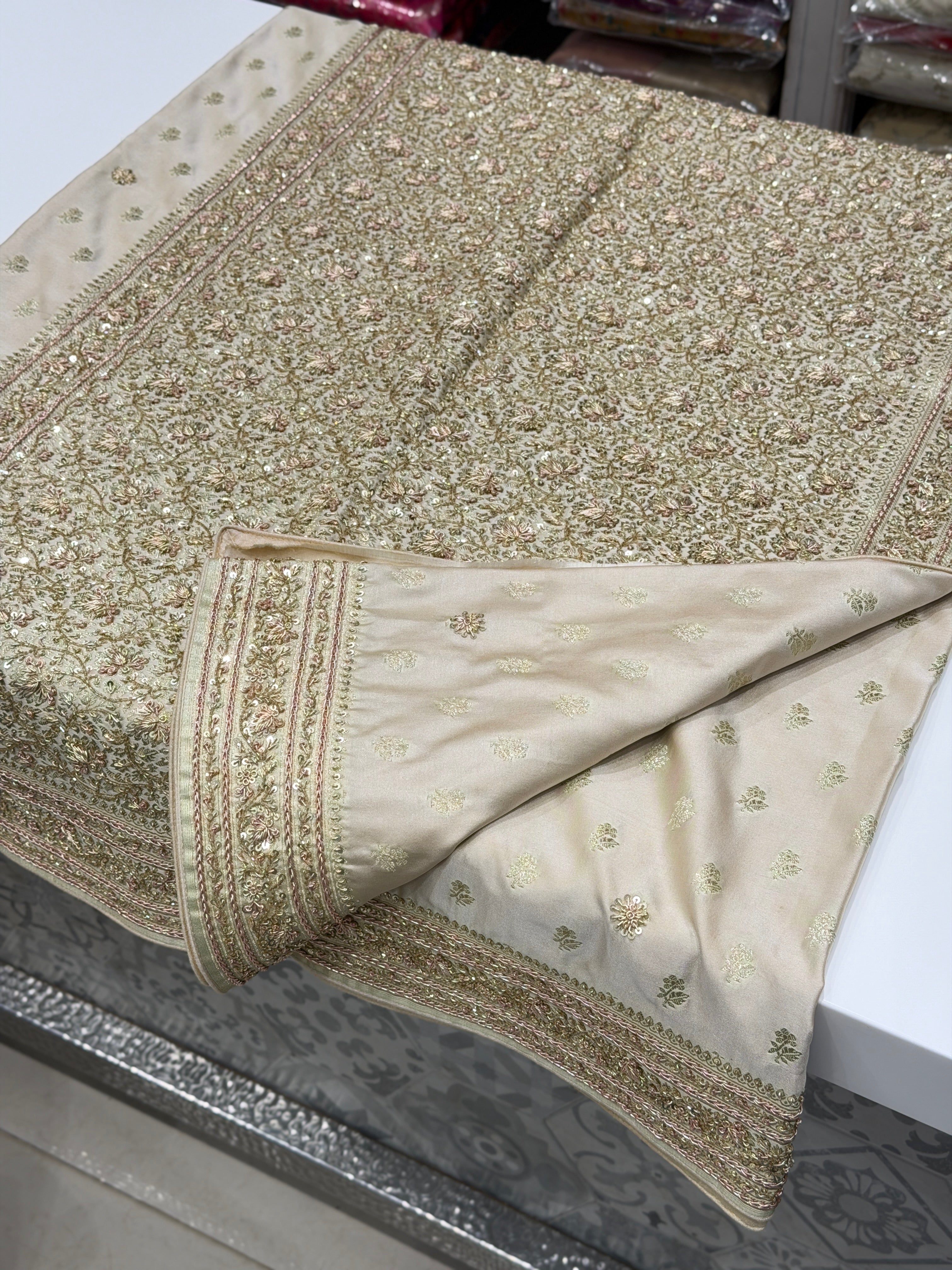 Beige Banarasi Buttis Zardosi Chain Hand Embroidery Saree