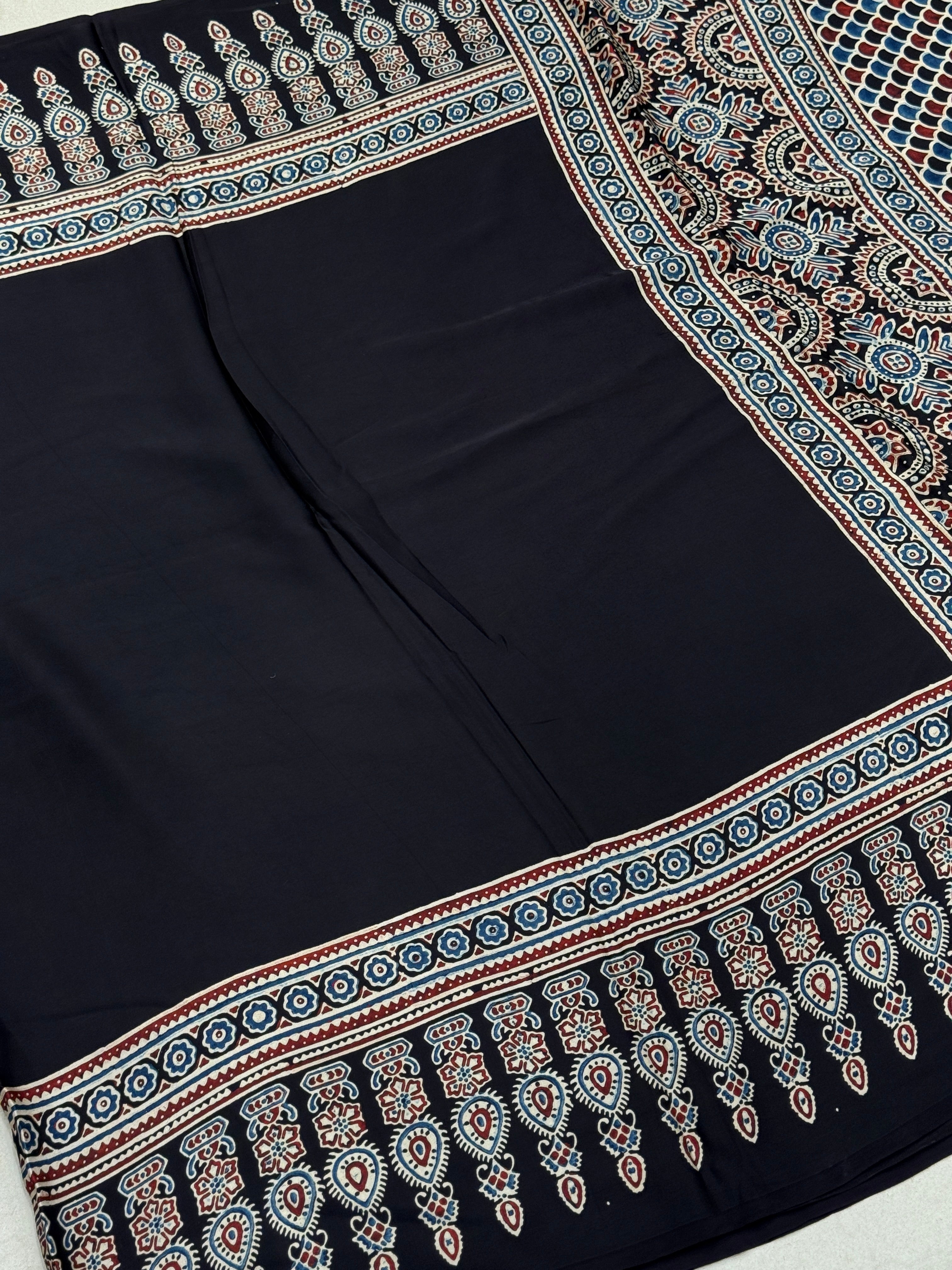 Black Plain Border Modal Gajji Silk Handblock Print Ajrakh Saree