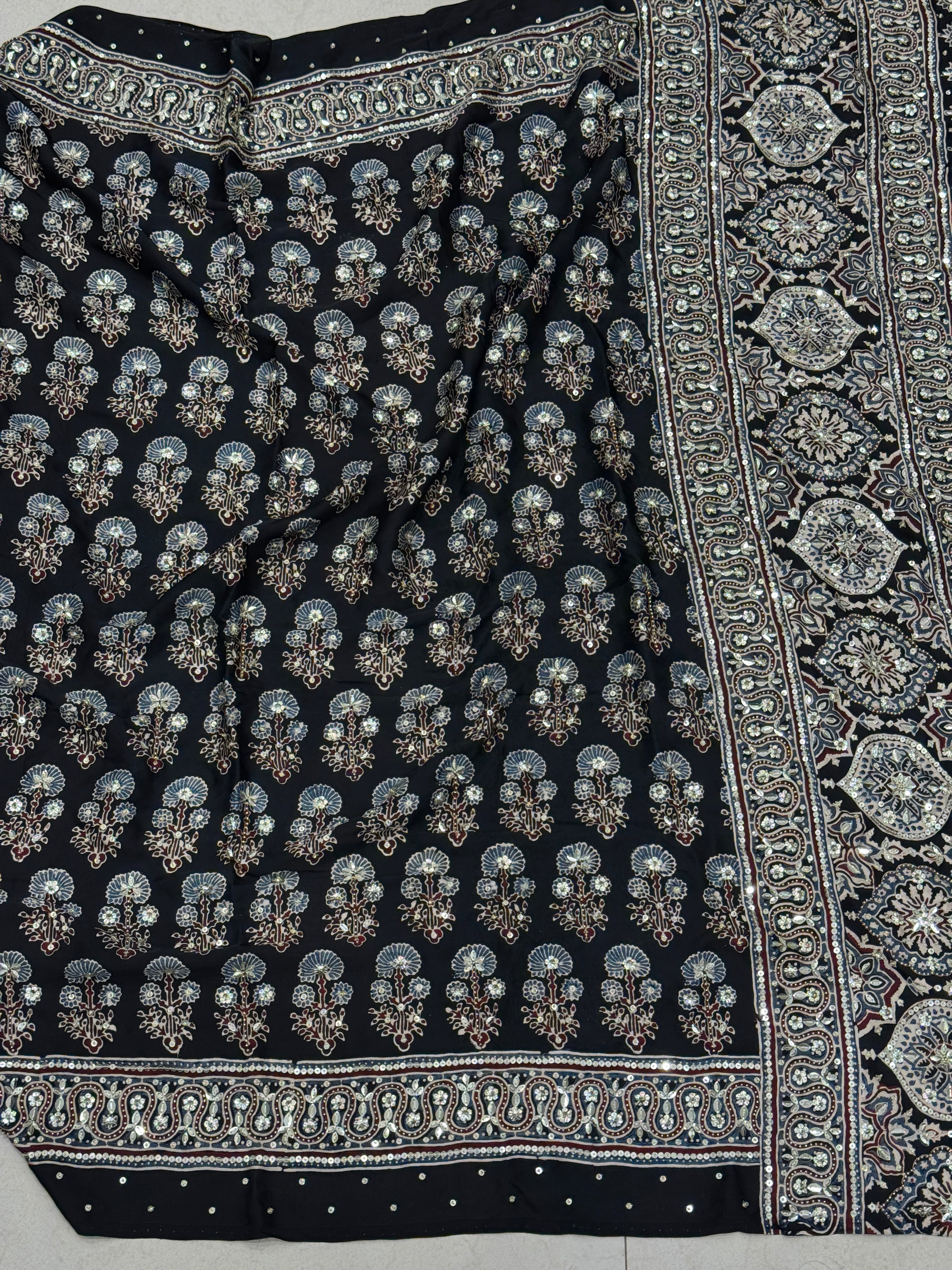 Black Floral Buttas Sequin Ajrakh Hand Embroidery Saree