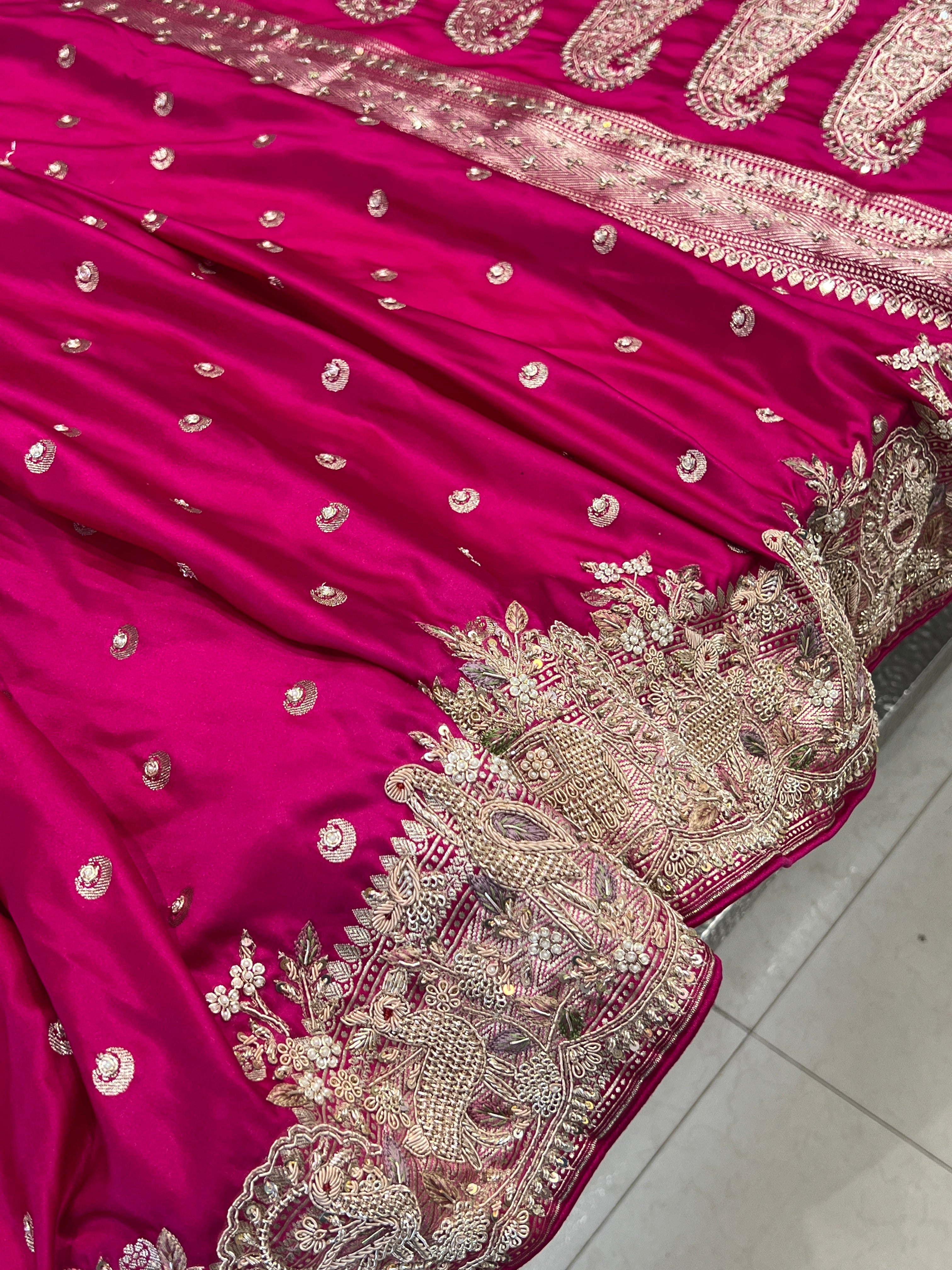 Rani Pink Banarasi Chand Butti Zarodozi Hand Embroidery Saree