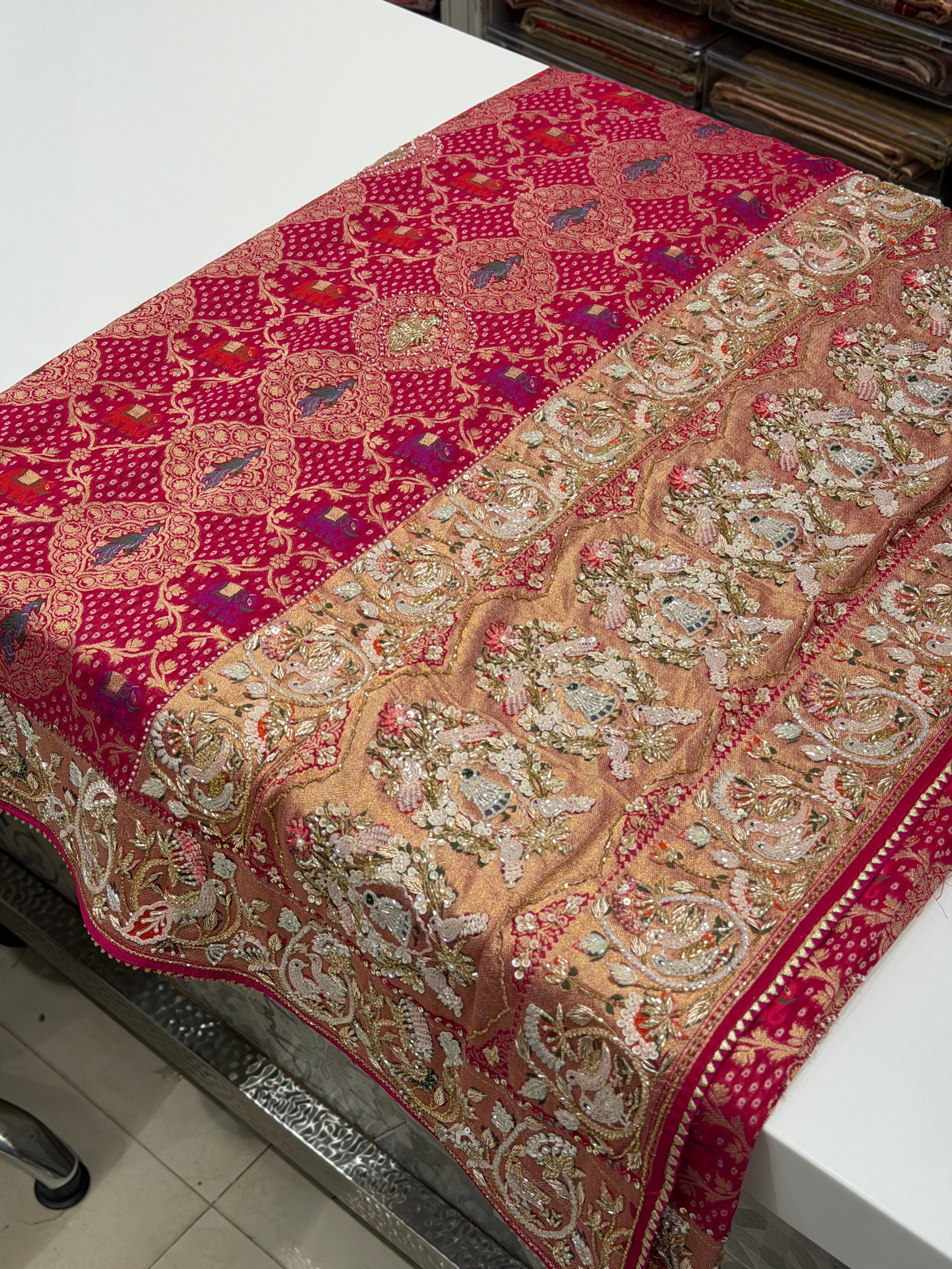 Rani Pink Woven Bandhej Moti Sequin Zardosi Hand Embroidery Saree
