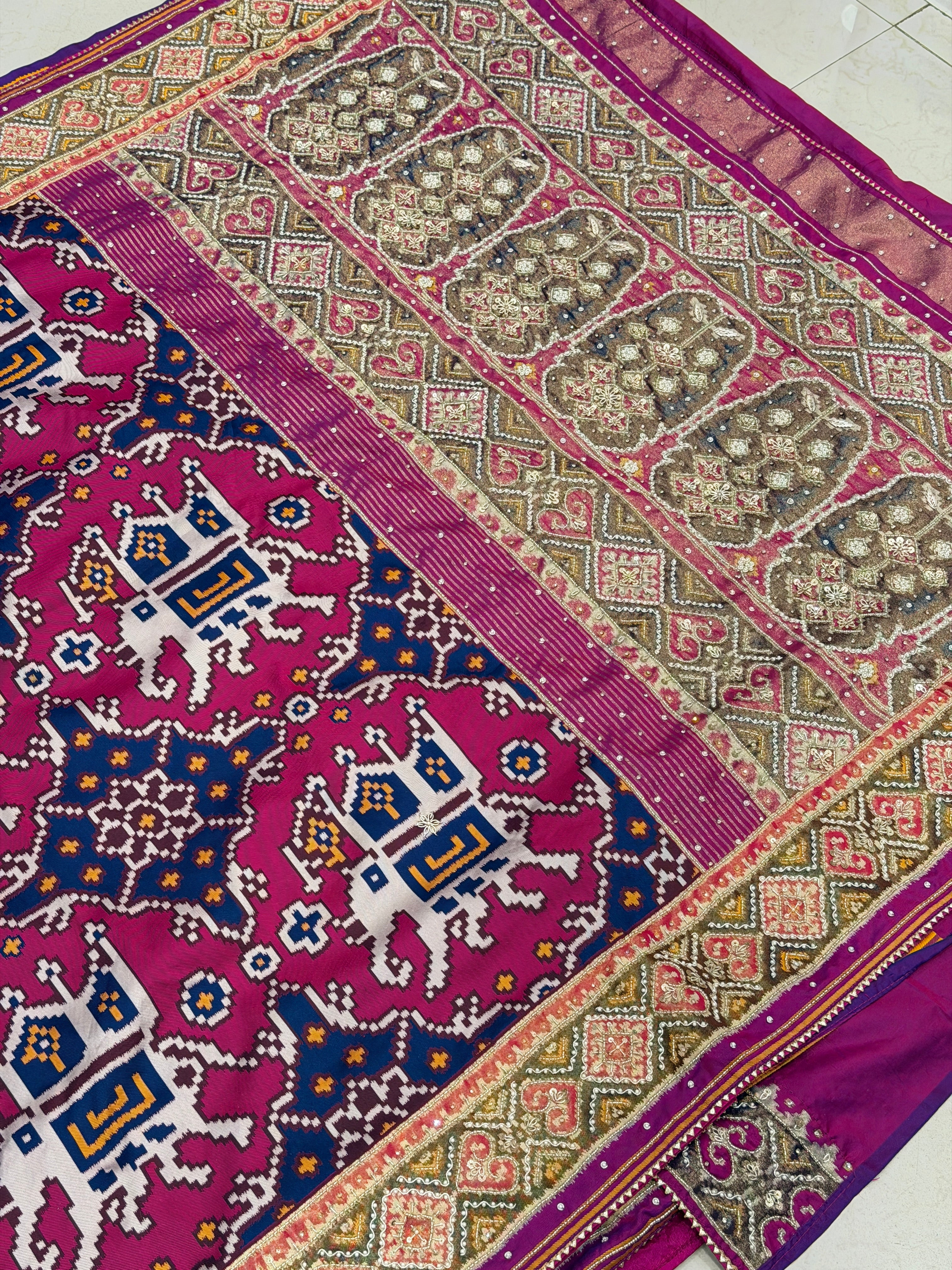 Blue Magenta Chabdi Elephant Patola Zardosi Hand Embroidery Saree