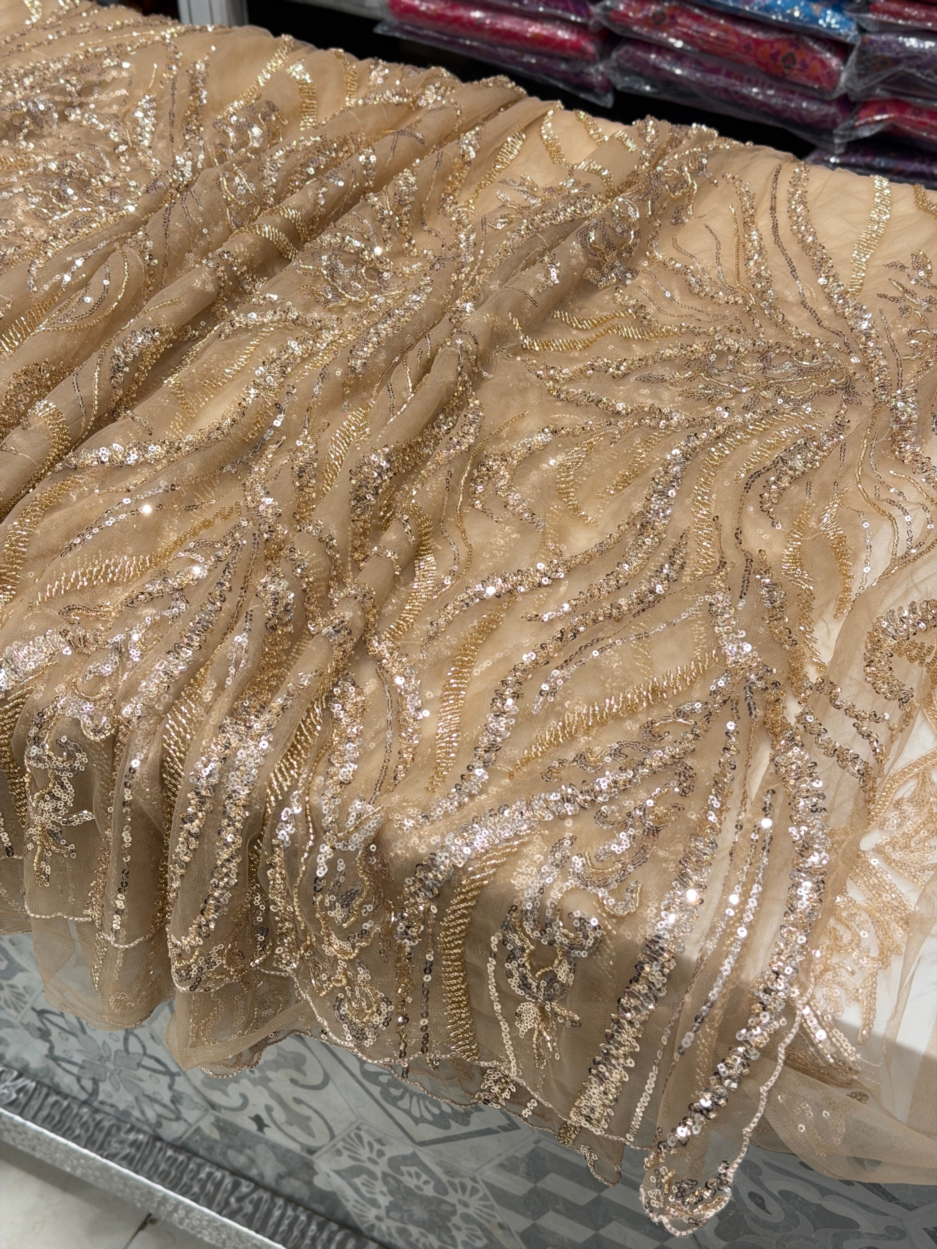 Champagne Gold Net Embroidery Moti Sequin Jaal Saree