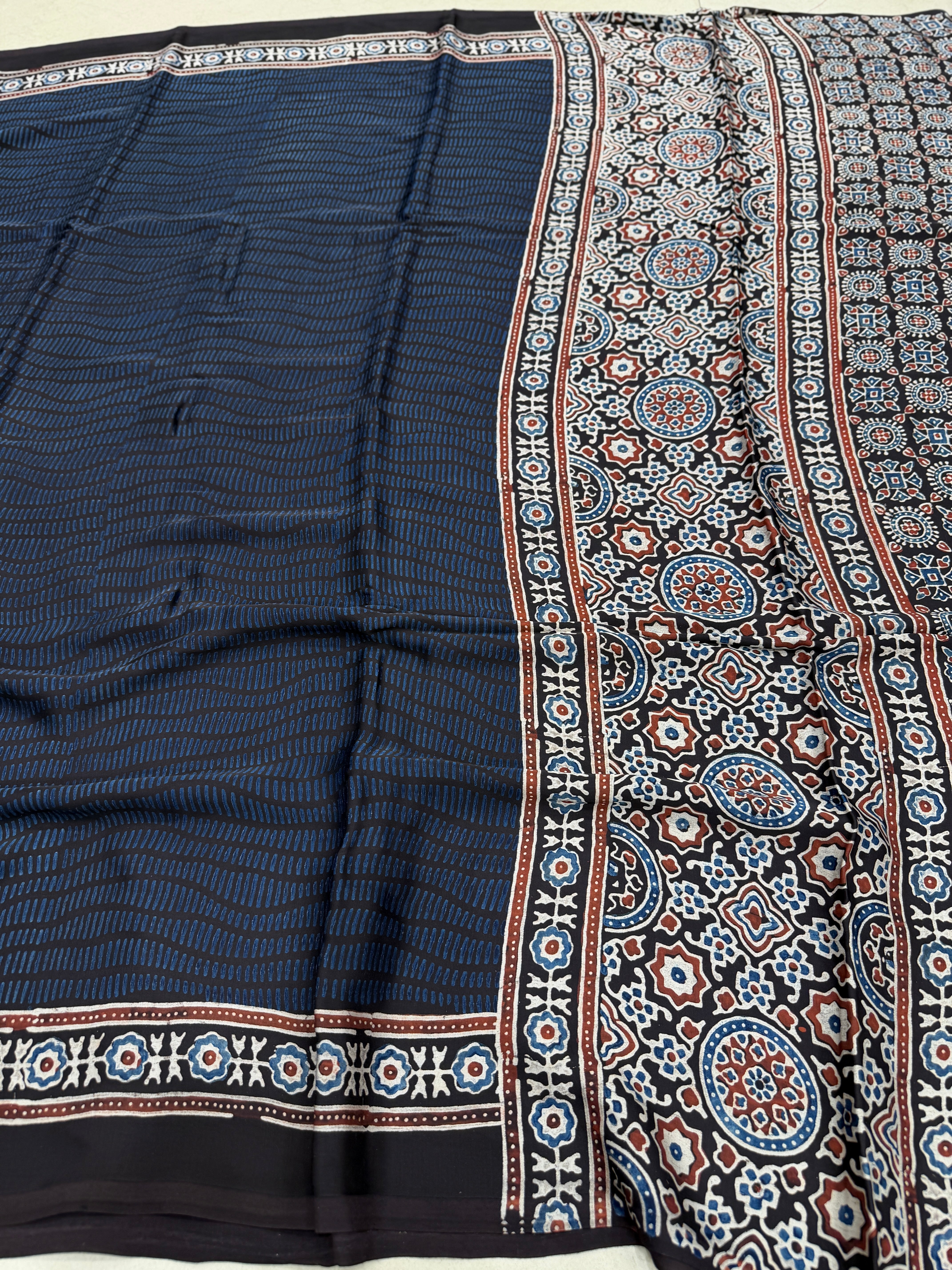 Blue Squiggly Lines Ajrakh Hand Block Print Pure Modal Silk Saree