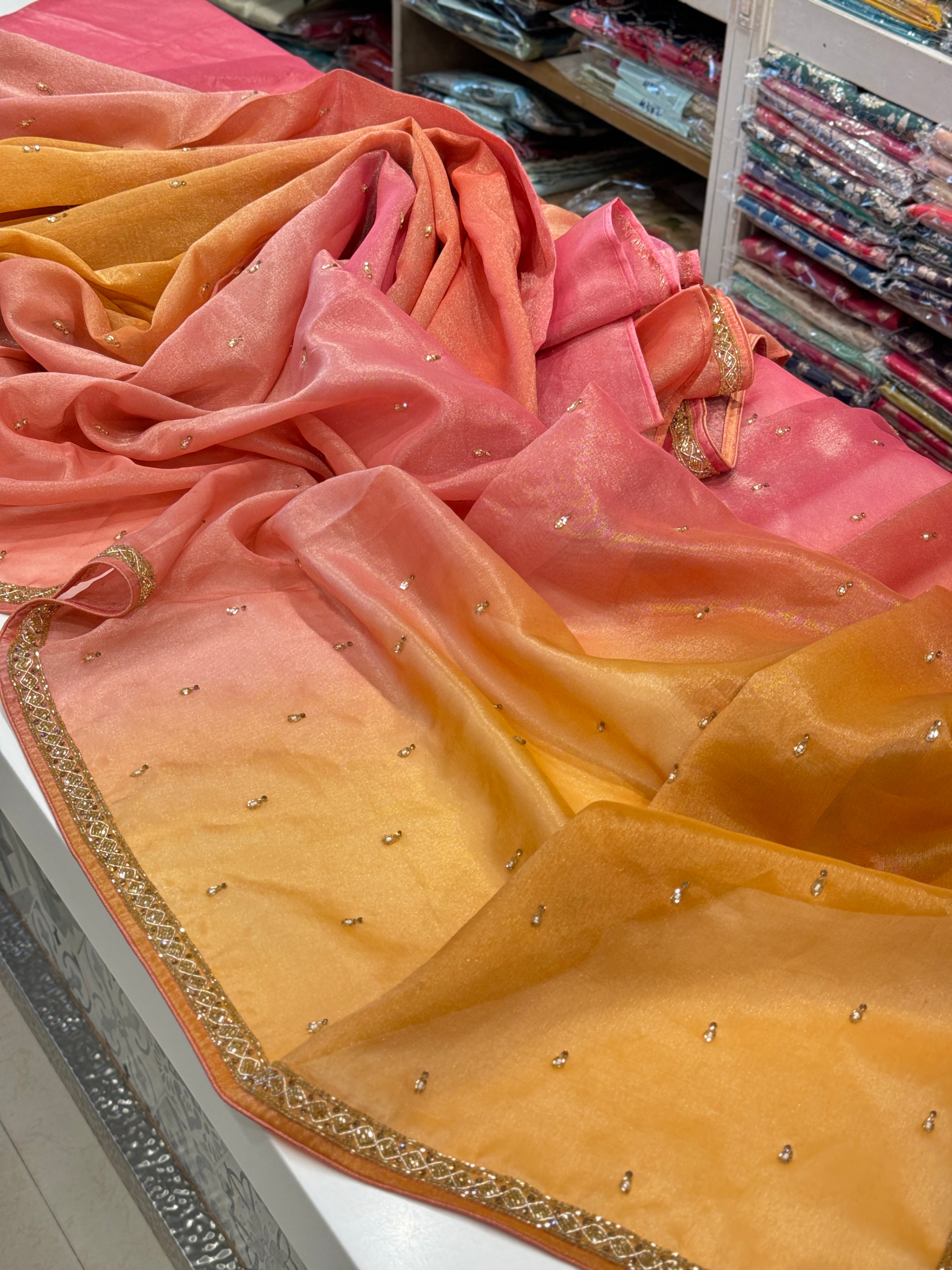 Shaded Tissue Crepe Butti Hand Embroidery Saree