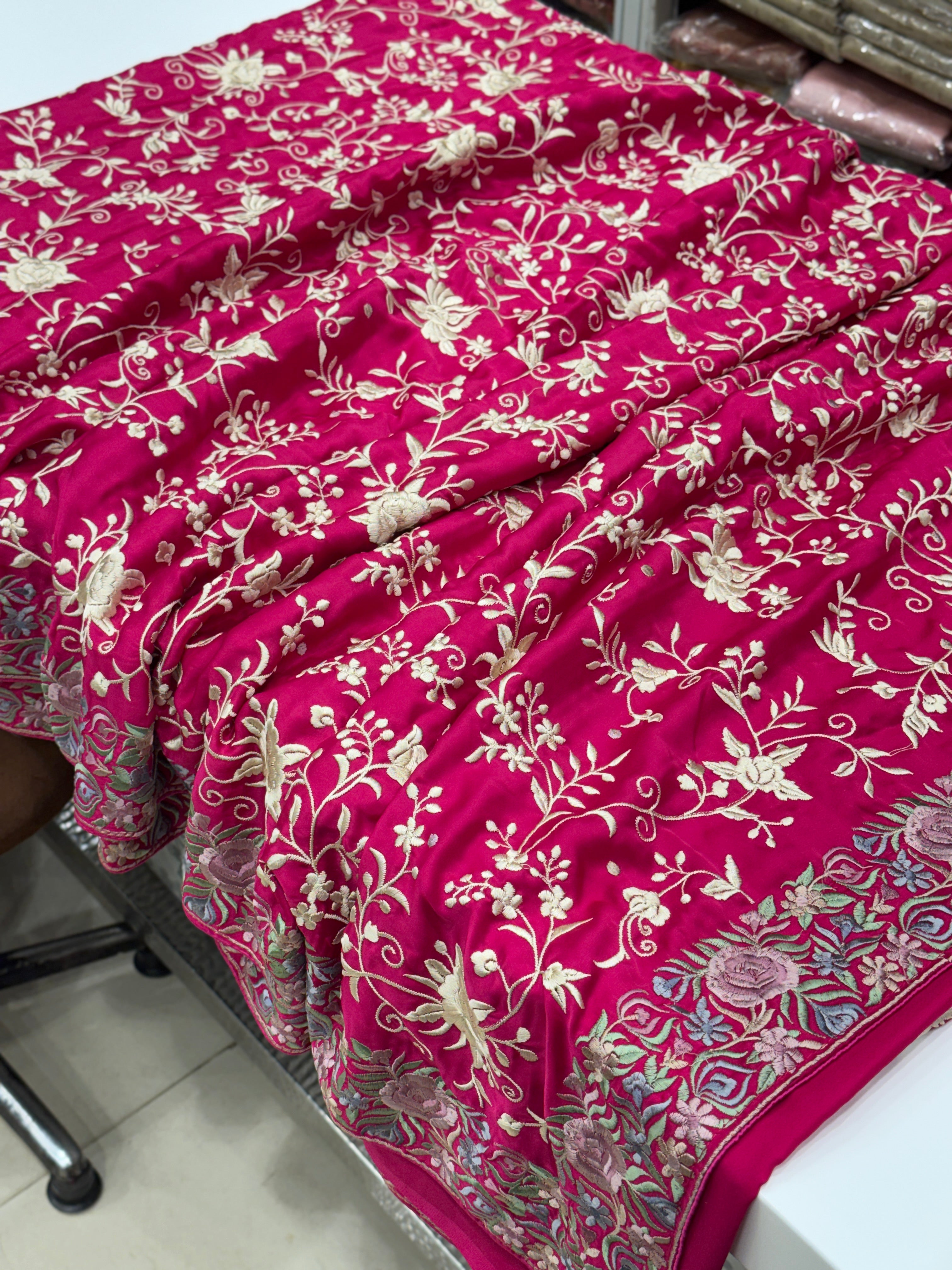 Rani Crepe Multi Colour Jaal Parsi Gara Saree