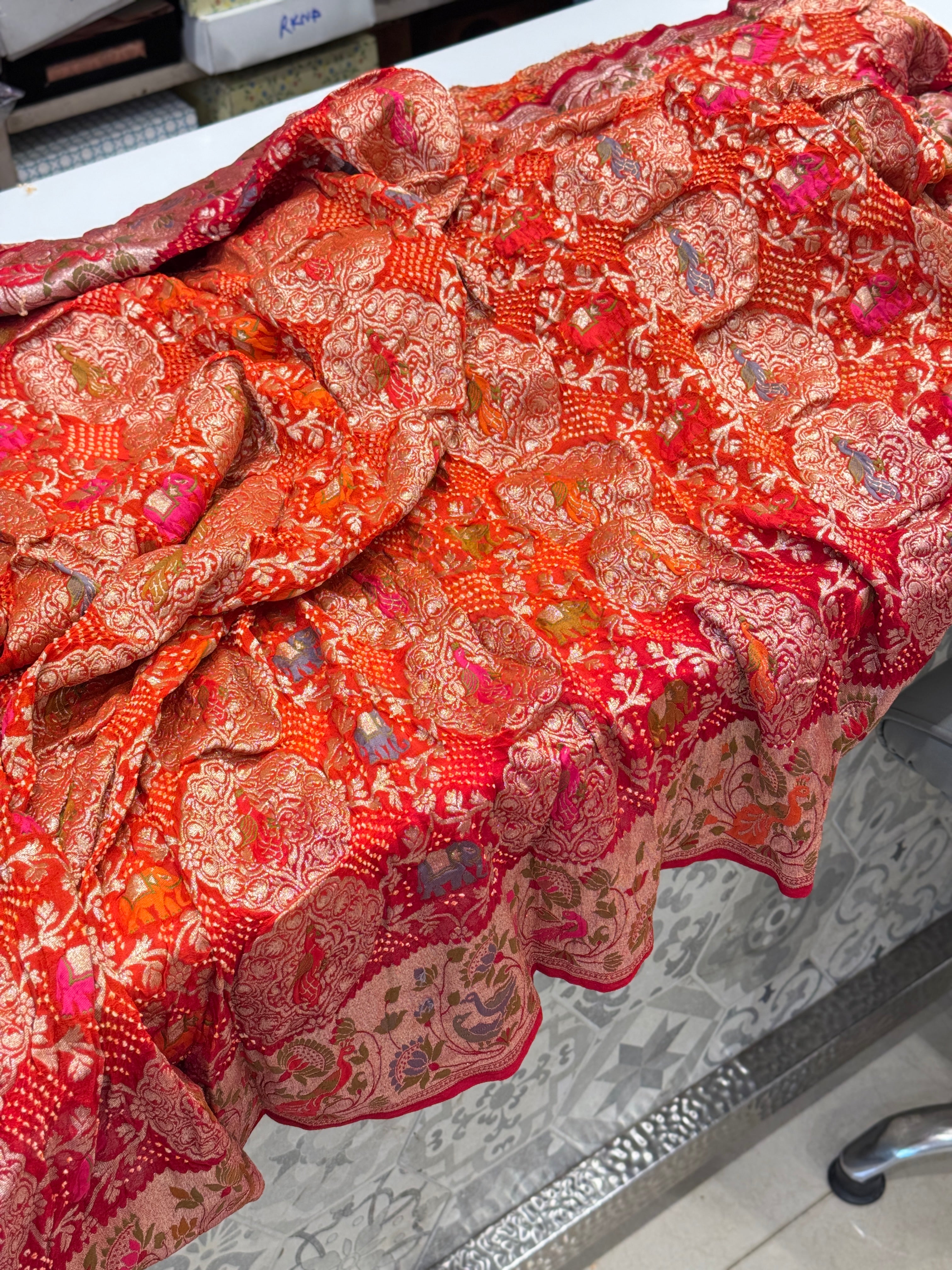 Red Orange Shaded Meenakari Rai Bandhej Shikara Saree