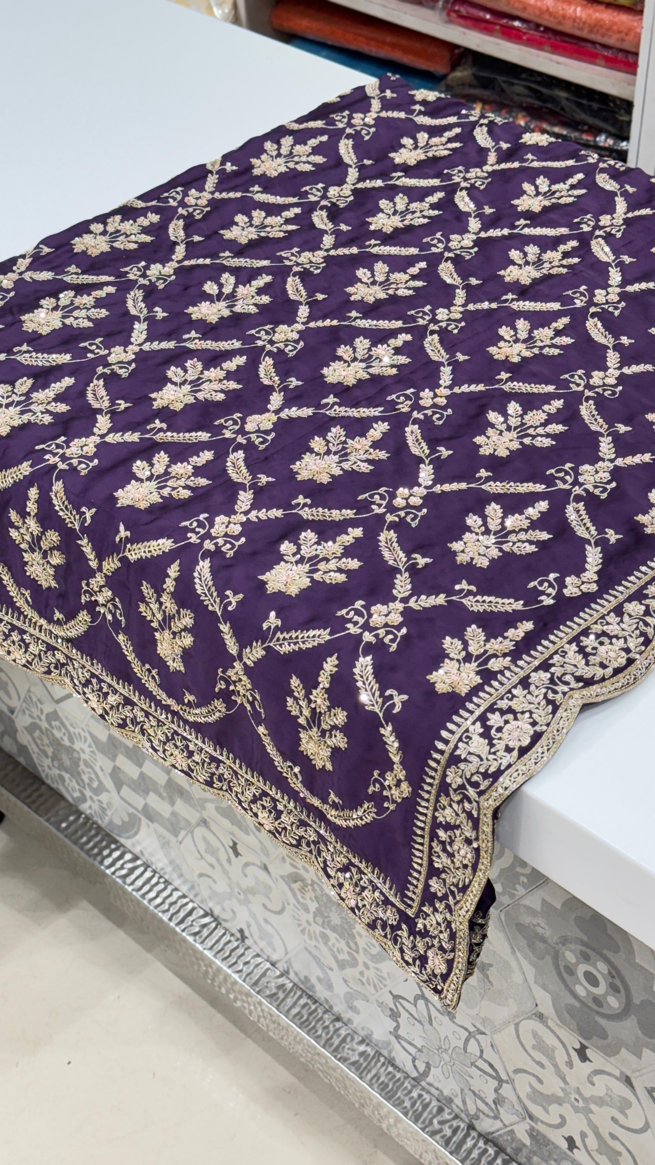 Purple Pure Satin Hand Embroidered Zardozi Saree