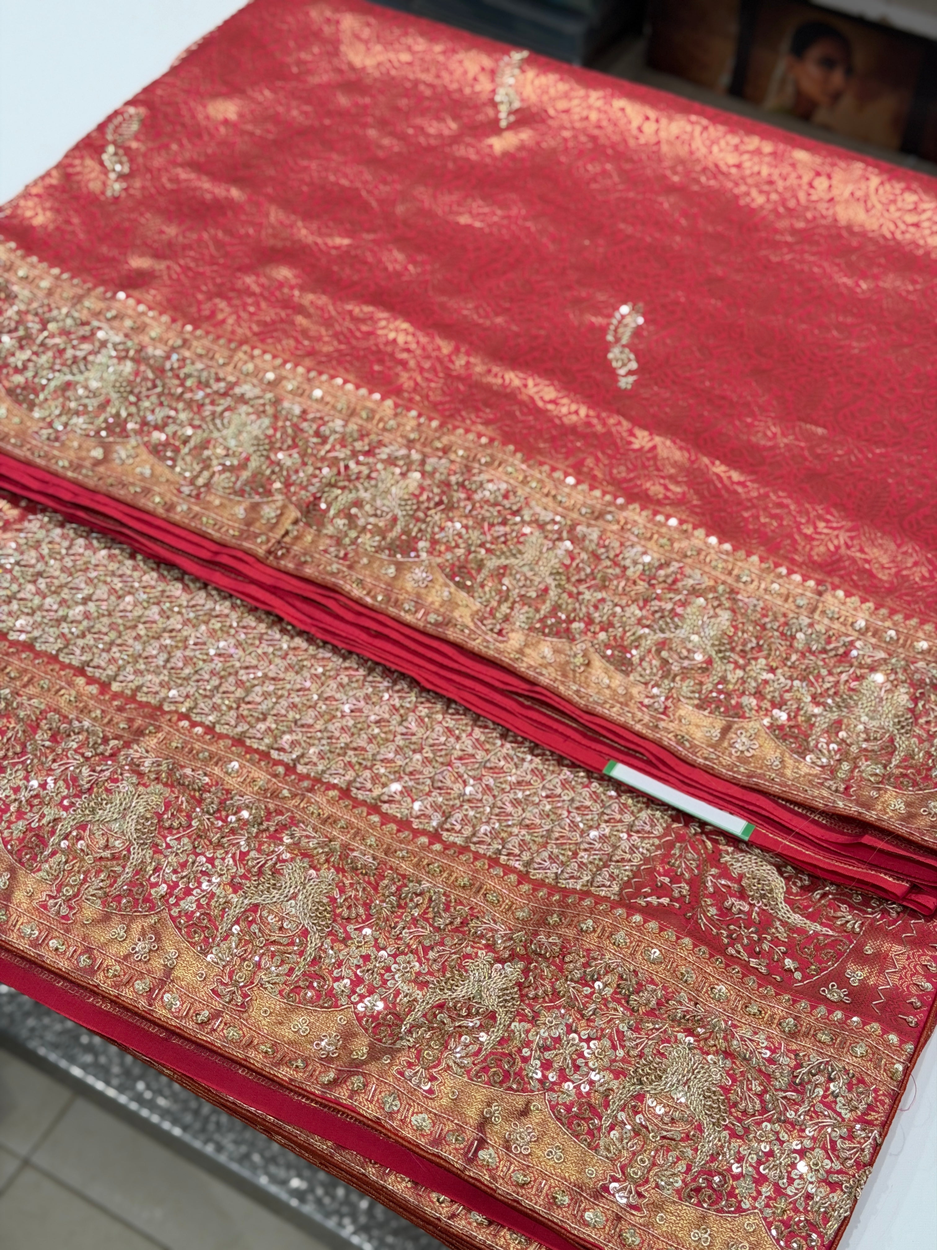 Crimson Kanjivaram Parrot Motif Hand Embroidery Zardosi Saree