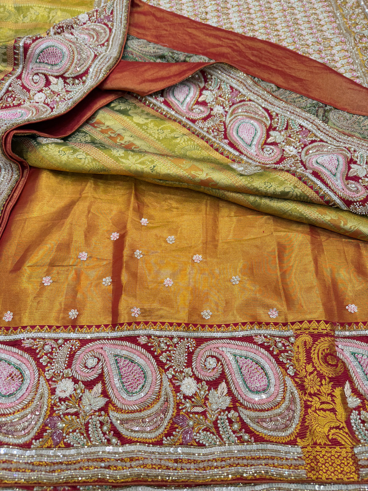 Green Meenakari Tissue Kanjivaram Zardosi Moti Hand Embroidery Saree