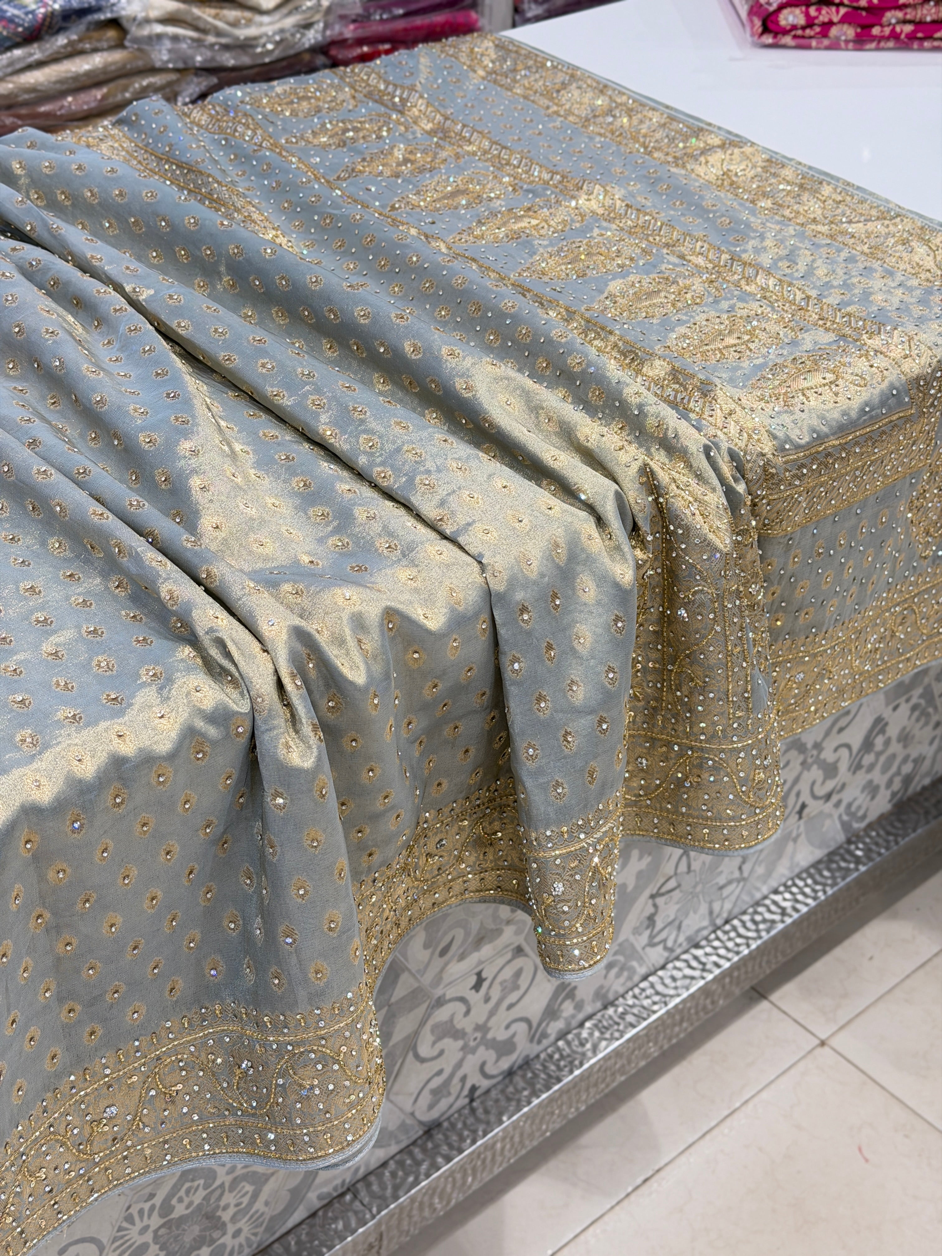 Space Blue Tissue Butti Stone Hand Embroidery Saree