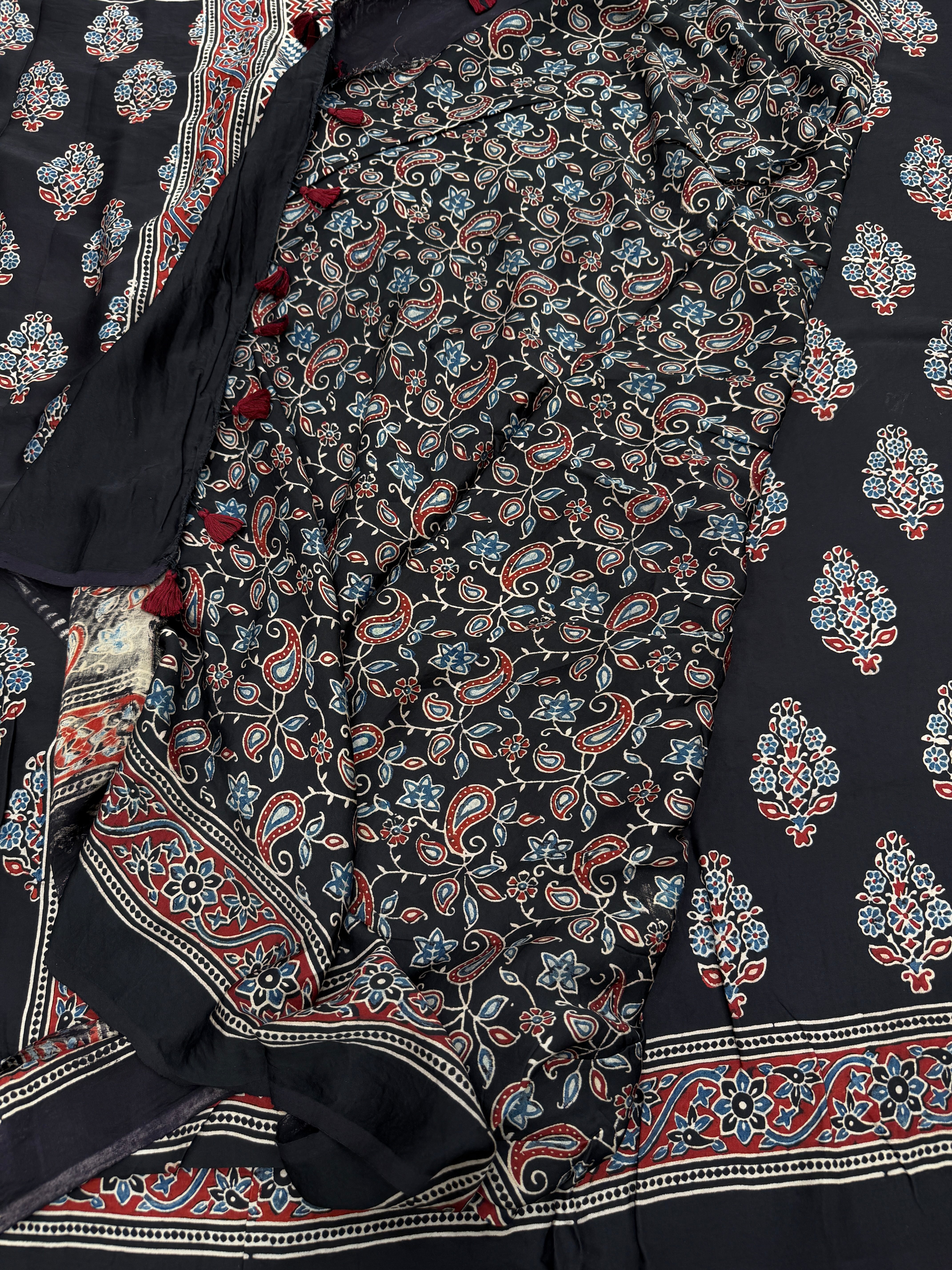 Black Floral Buttas Ajrakh Hand Block Print Pure Gajji Silk Saree