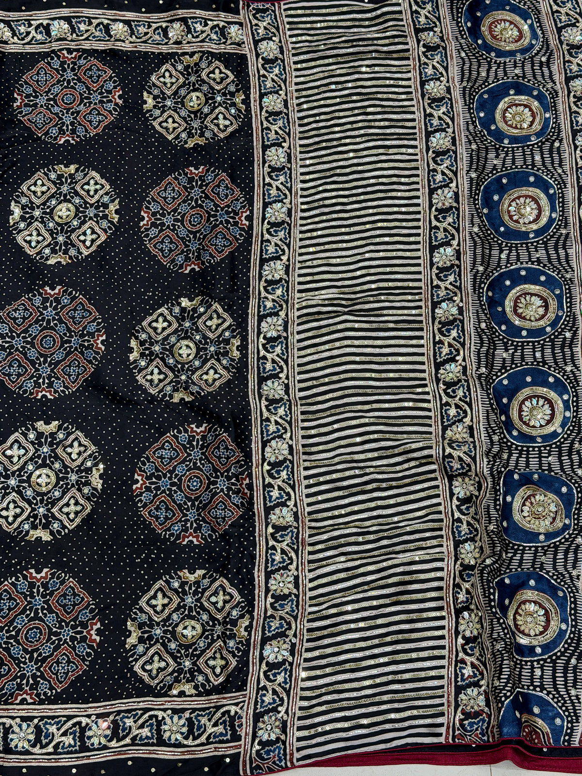 Black Dot Buttas Ajrakh Sequin Moti Hand Embroidery Saree