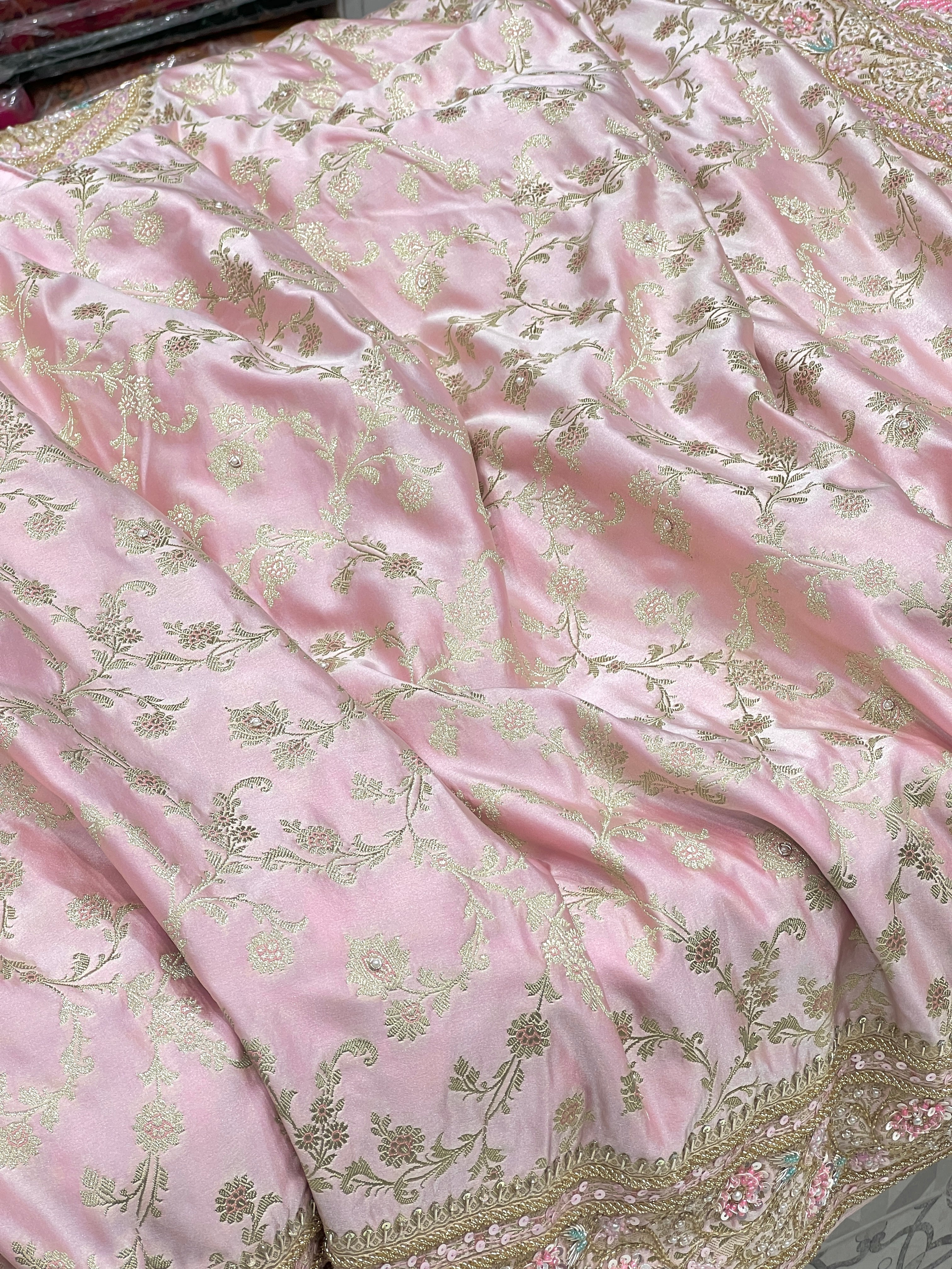 Pink Banarasi Upside Down Border Fancy Hand Embroidery Saree