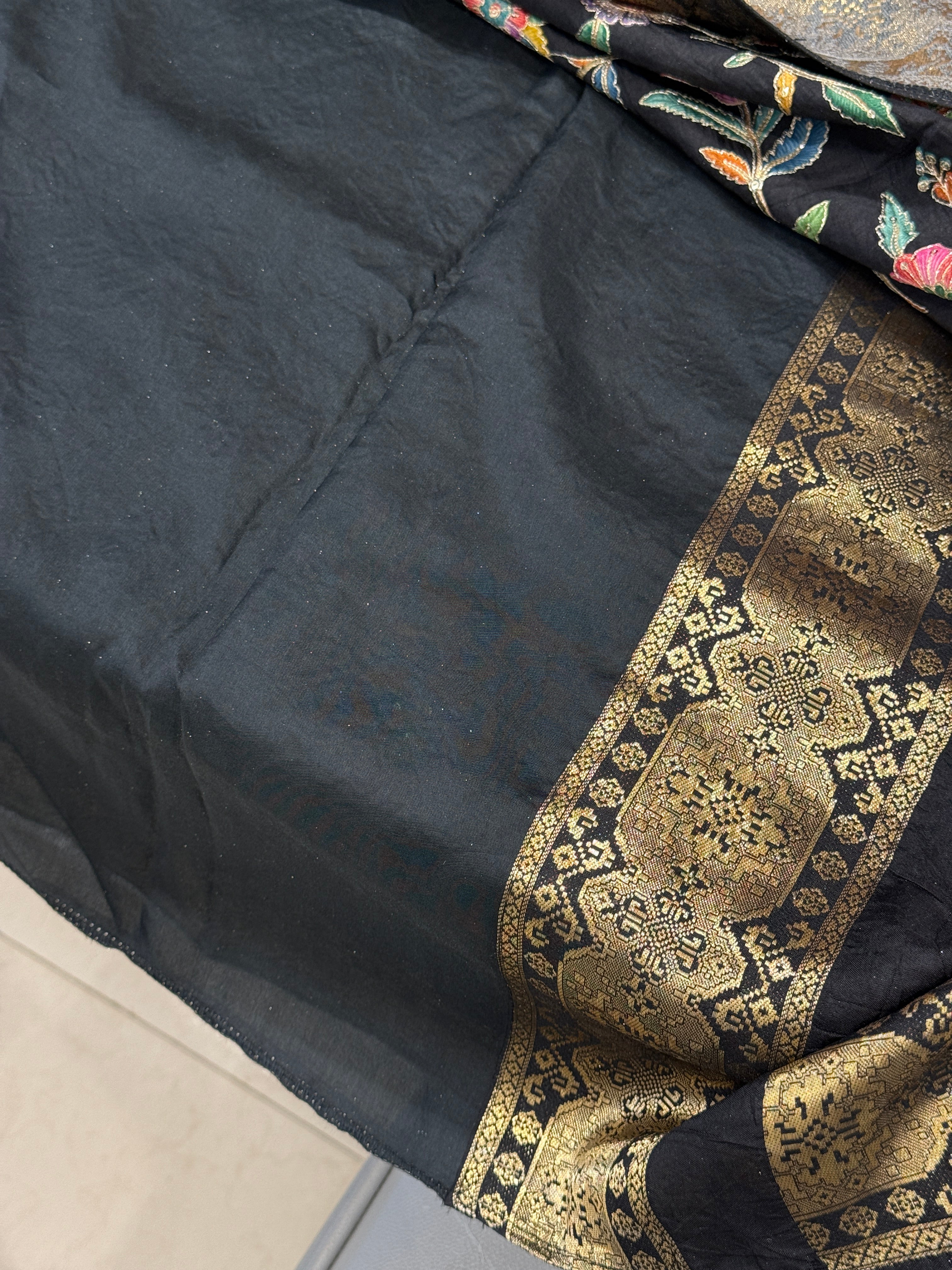 Black Banarasi Munga Silk Saree With Pita Embroidery