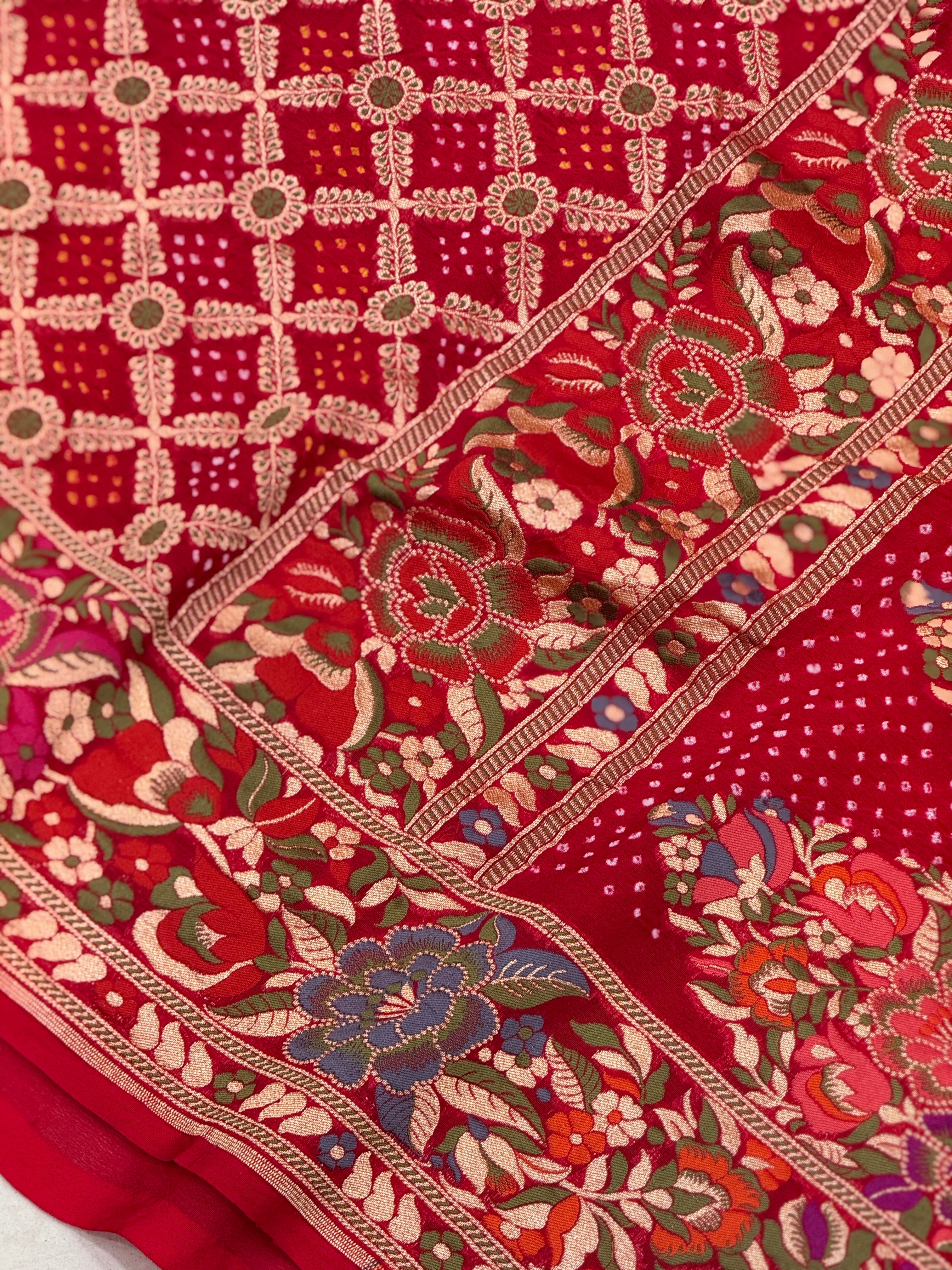 Red Meenakari Floral Rai Bandhej Georgette Bandhini Saree