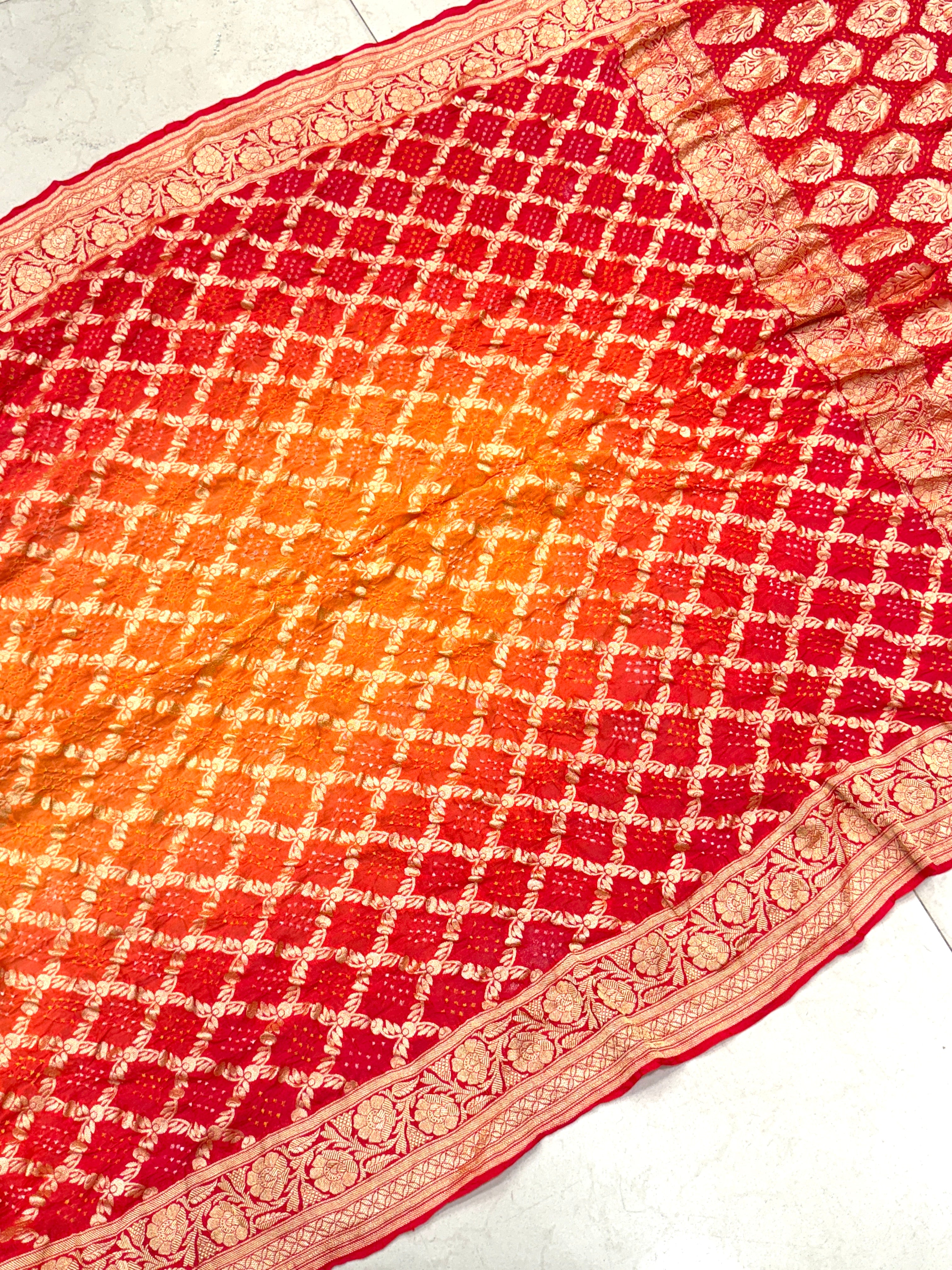 Strawberry Orange Shaded Georgette Handloom Bandhej Bandhini Saree
