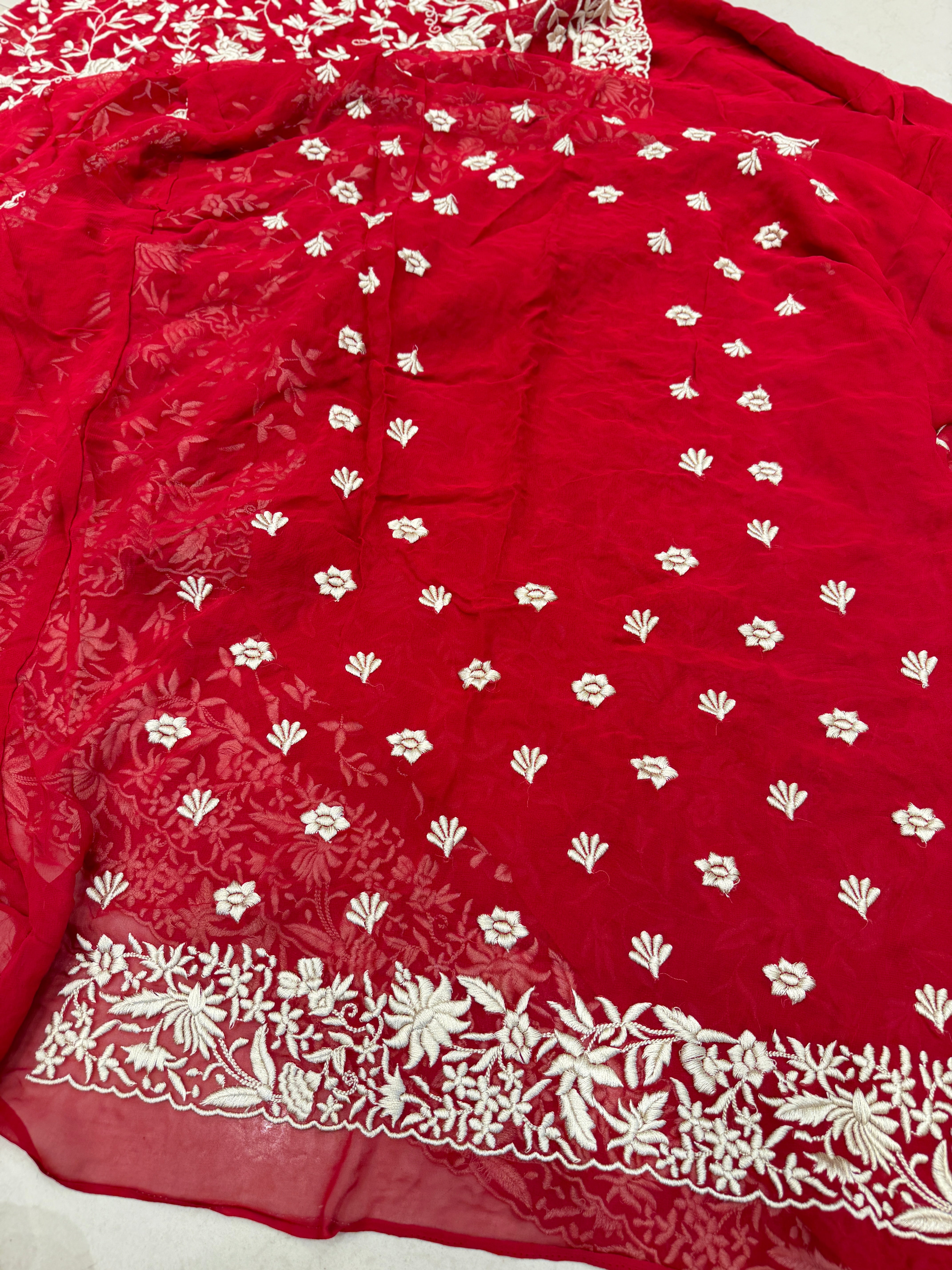 Red Georgette Floral Jaal Flamingo Resham Embroidery Saree