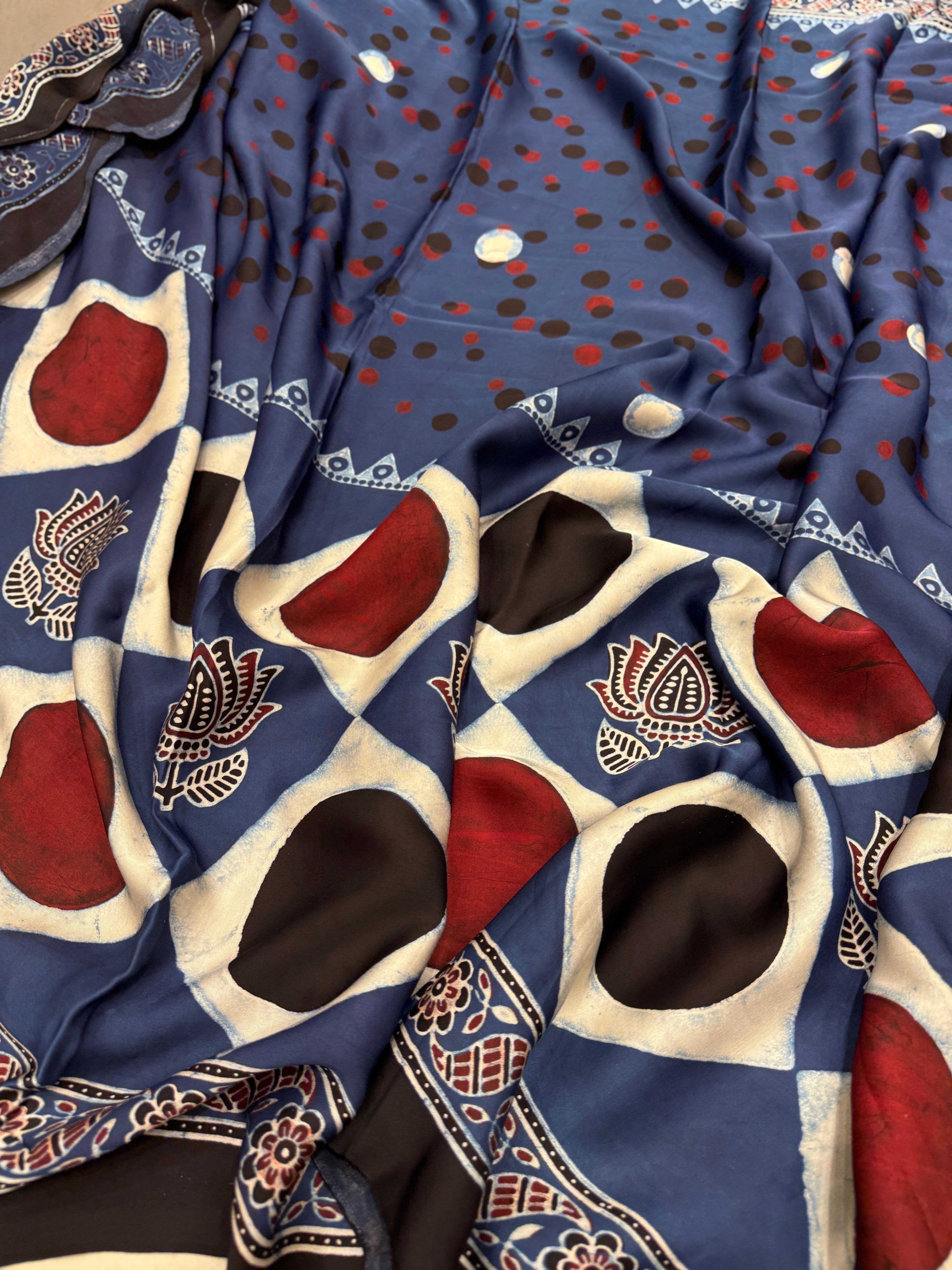 Blue Polka Dots Ajrakh Block Print Hand Pure Gajji Silk Saree