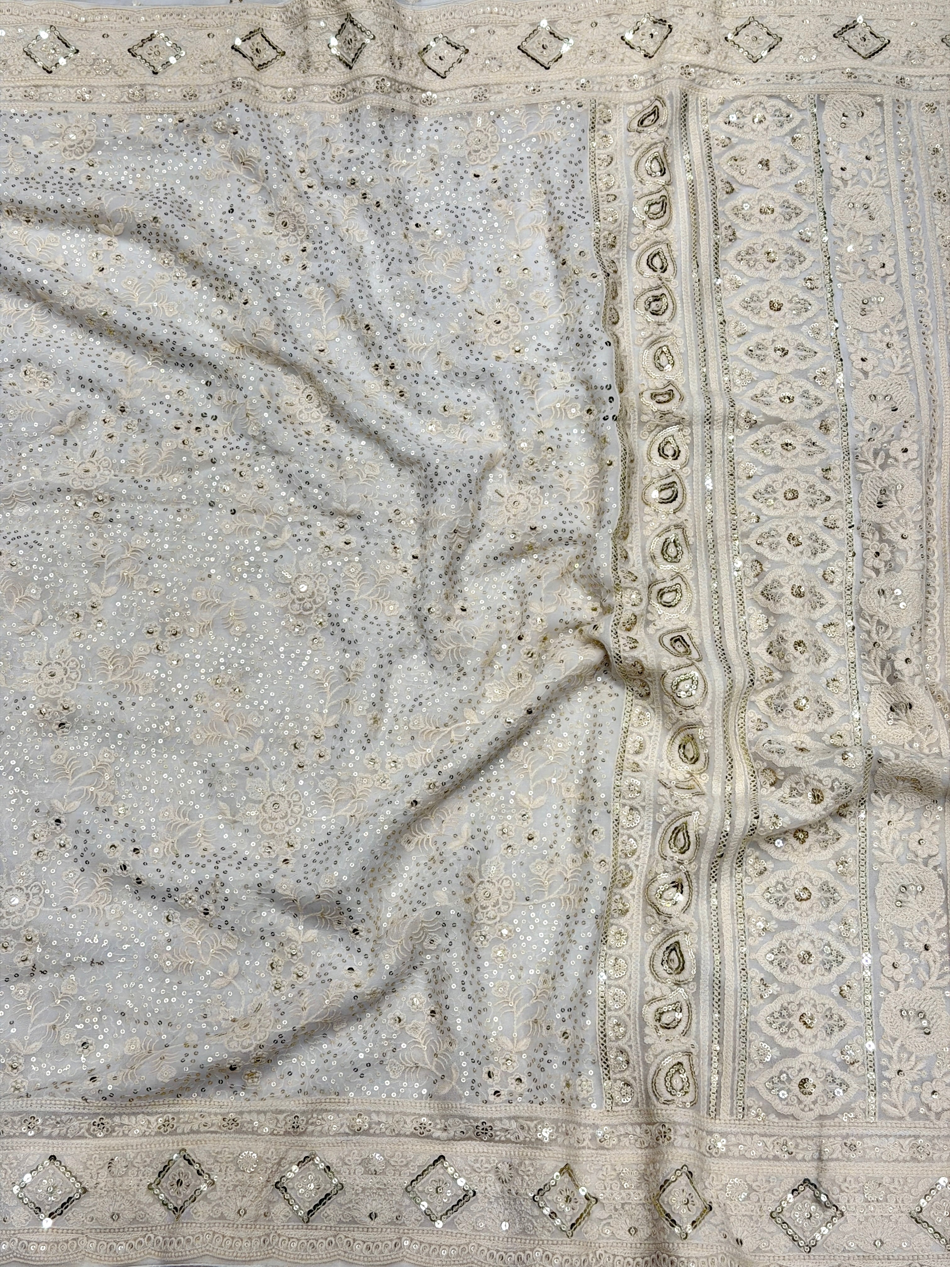 Moti White Sequin Embroidery Georgette Chikankari Resham Saree