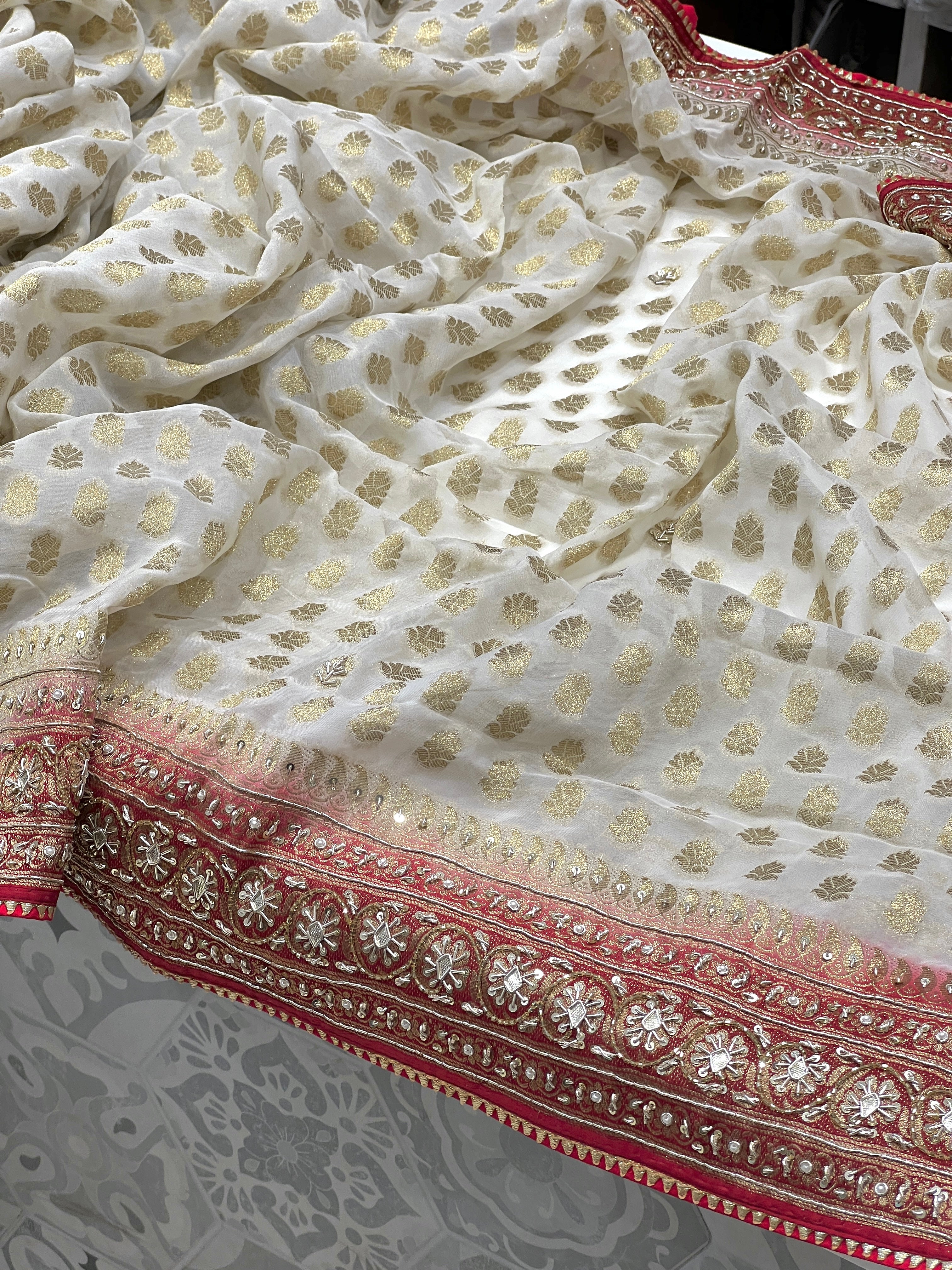 Beige Banarasi Georgette Maroon Border Zardozi Embroidery Saree