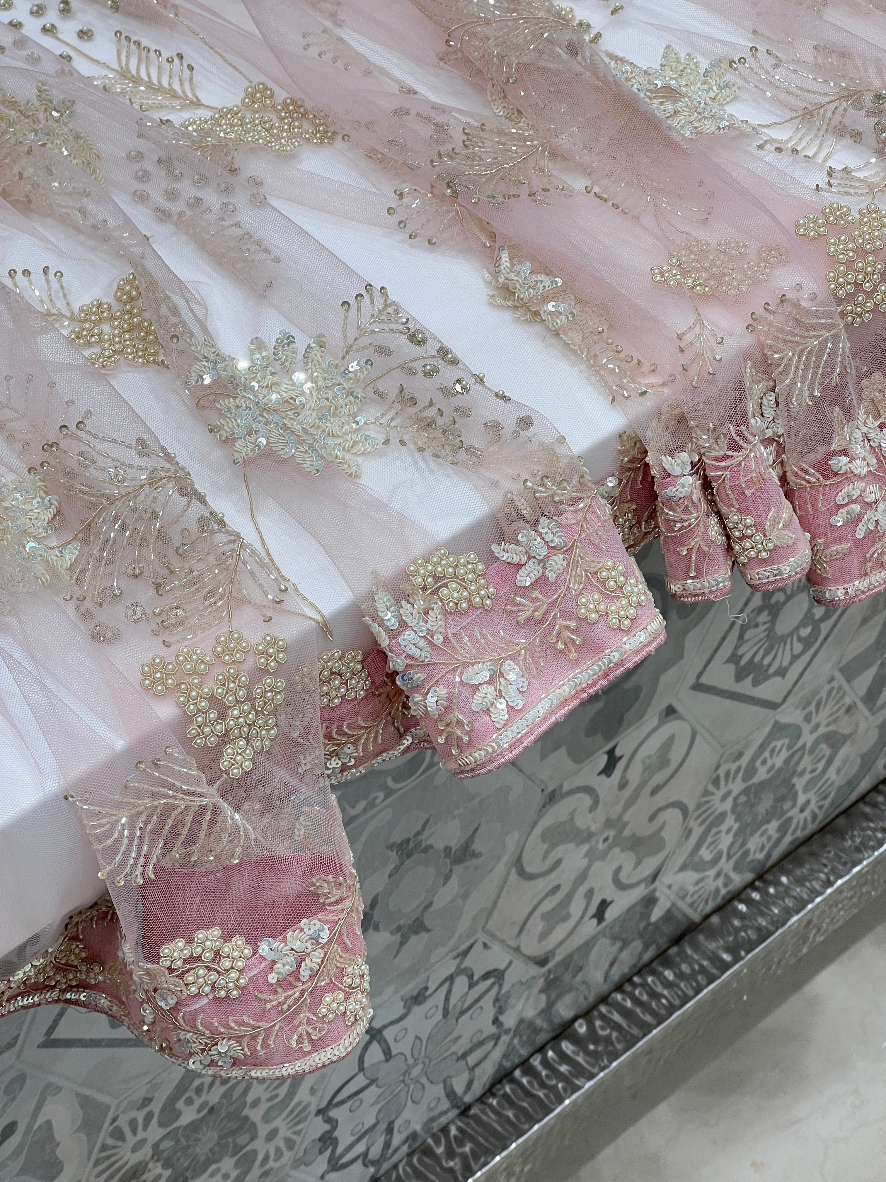 Pink Soft Net Floral Jaal Hand Embroidery Saree