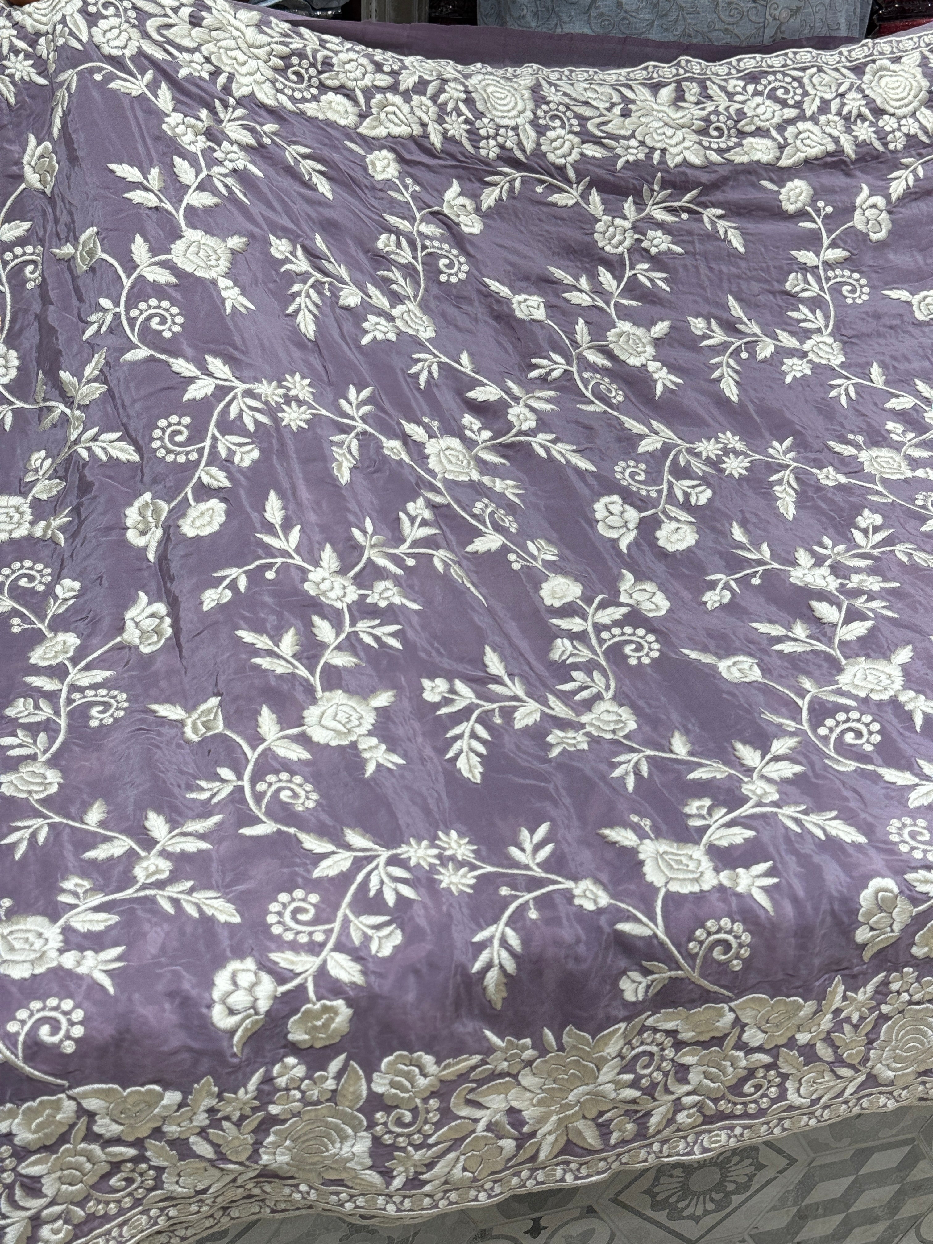 Lilac Crepe Floral Parsi Gara Saree